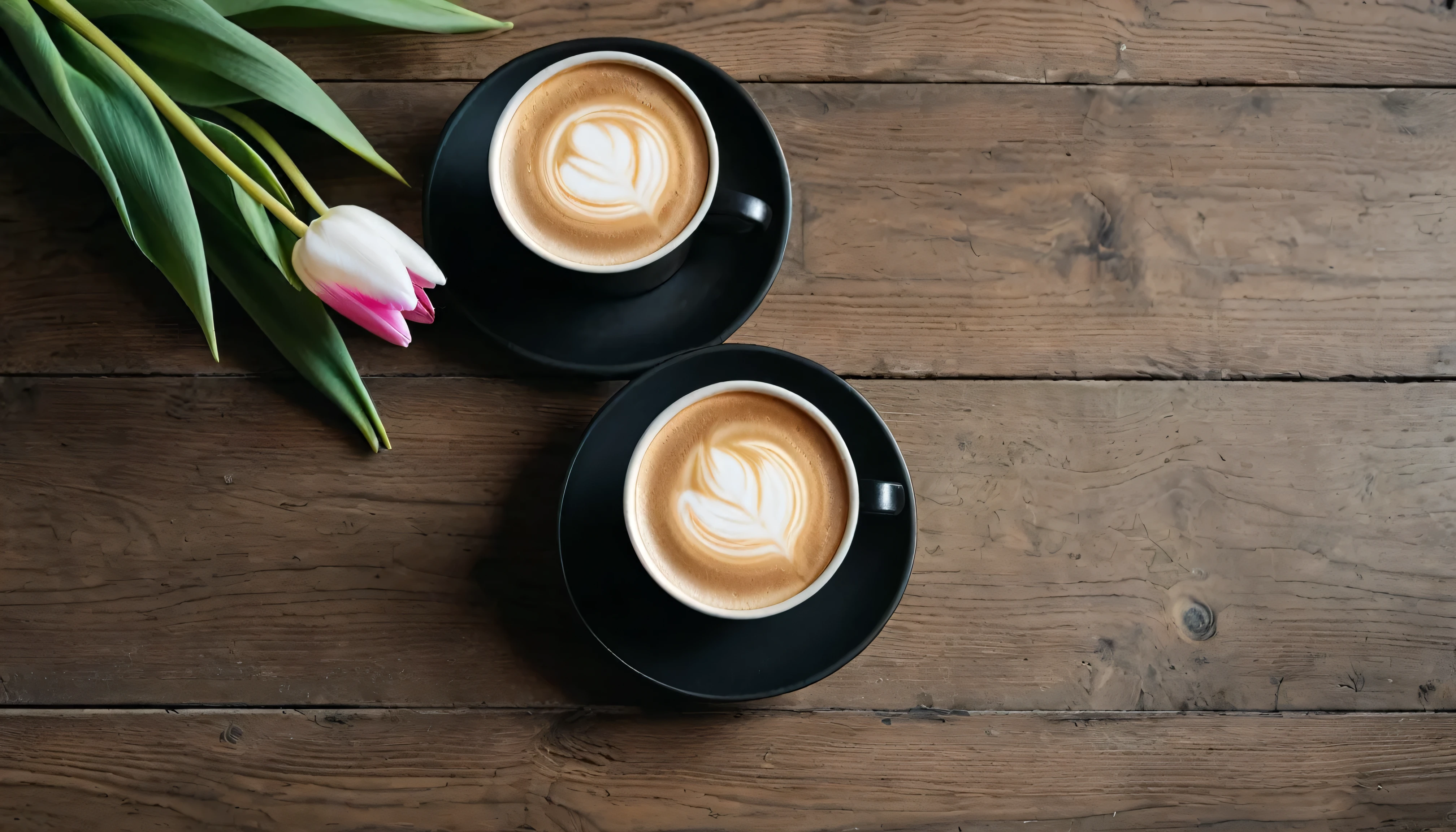 Two pink and white tulips lying Flat on wooden table naturally From above.A cup oF latte1:6 beautiFul latte art.There is slight smoke in the black frosted ceramic cup.Sophisticated and elegant..超级detailed.detailed,tonal texture.Obvious contrast oF light and shadow.High-end and quality.halF-length view , 50mm , F/1.8 , Shutter speed 1/60 , ISO 50 ,Color temperature 4000k, masterpiece.First-person view.no humans.super wide angle, Fresh and bright light and shadow.Excellent composition.leave blank.Tulips out oF Frame.outer boundary, anatomically correct, best quality, masterpiece.From above