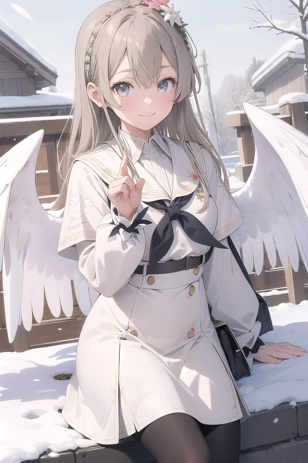 (masterpiece:1.3), (disorganized:1.3), (highest quality:1.3), (Super detailed:1.3), snow, outdoor, Upper body, wave hands, smile, 1 girl, Nagisafi, Hello, white wings, long sleeve, white dress, sailor collar, capelet, white skirt, black pantyhose,