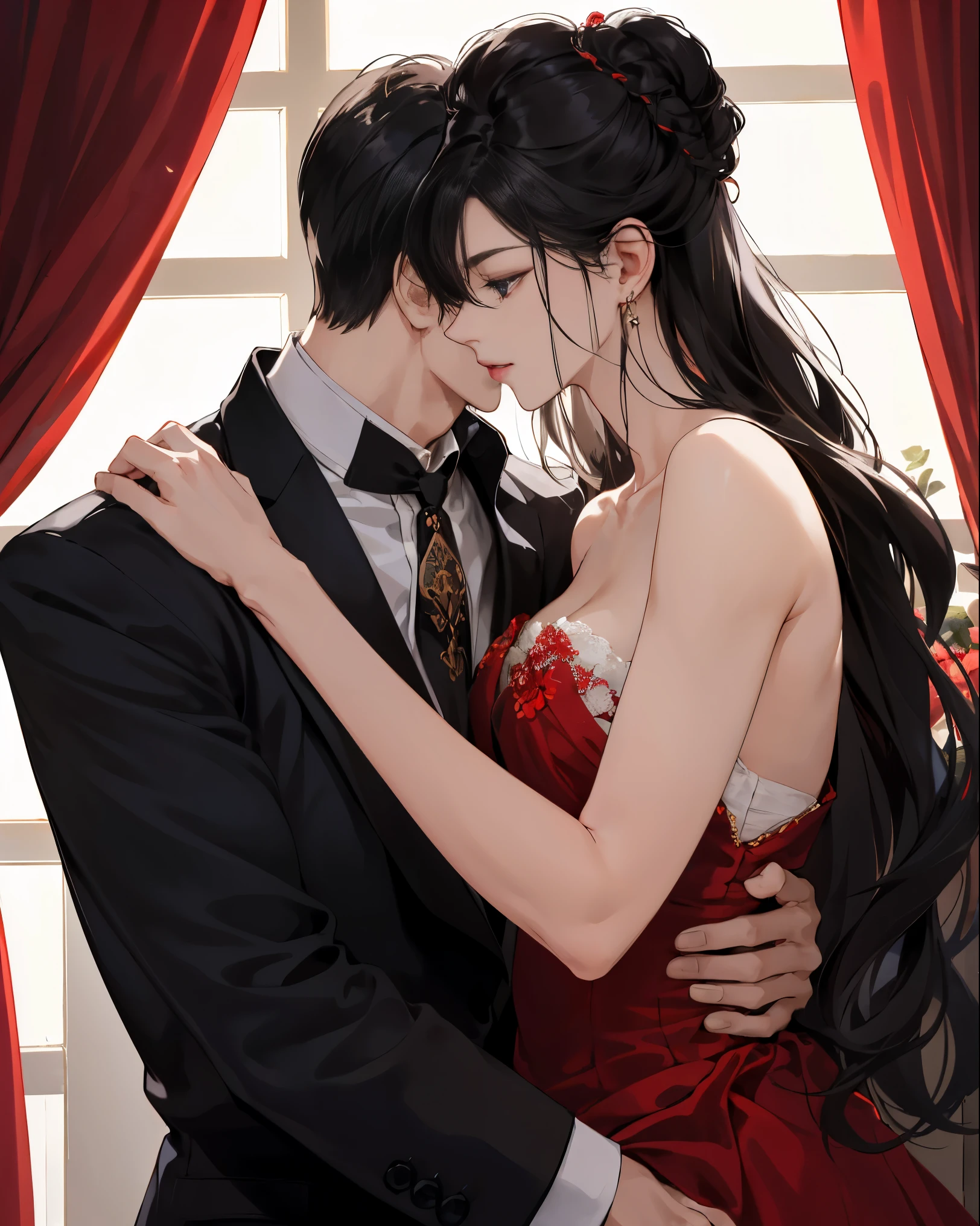 Masterpiece, best quality best, 8k, Highly detailed, Very detailed,of a handsome young man,Dressed in a classic black prince outfit.,long black hair。His face was very striking.,The expression is focused and gentle.,Look at the woman next to you.。The girl wore a beautiful red dress,Elegantly curled hairstyle,It revealed a slender collarbone and delicate ears.。Her lips opened slightly.,Feel a man's kiss。Their bodies were clinging together.,Tap lightly with both hands.。All bedrooms are bathed in warm light.,The curtains swayed gently.,nighttime,starry sky,petals,Looking from the front to the side,The man bowed his head.,kiss the girl gently,Their bodies trembled slightly.,Feel each other's breathing and heartbeat.。The whole picture is full of romance and affection.,Let people feel the charm and power of love.。