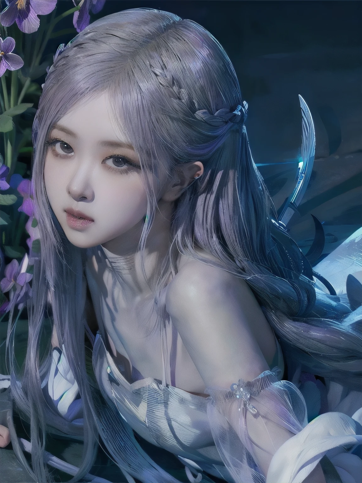 (((RAW photo , insanely detailed, highest quality, high resolution, solo,)))
break、(contrast:1), full body、 Seen from directly above, lying in a field of flowers, back on the floor、Seductive pose、
break、 (((violet hair Beach waves hairstyle ))), (((cosmetics))),large ,
break、White effect, White wings:1.2 , White angel:1.2, ((night)) 、
break、Vampire Castle, detailed background,, moon、
break、Antonio Riva dress:1.1,dress made of slightly transparent fabric:1.3、(extremely intricate:1.2), high fantasy, beautiful face, pointy ears,
break,background, monochrome, greyscale, barefoot, break、outdoor、