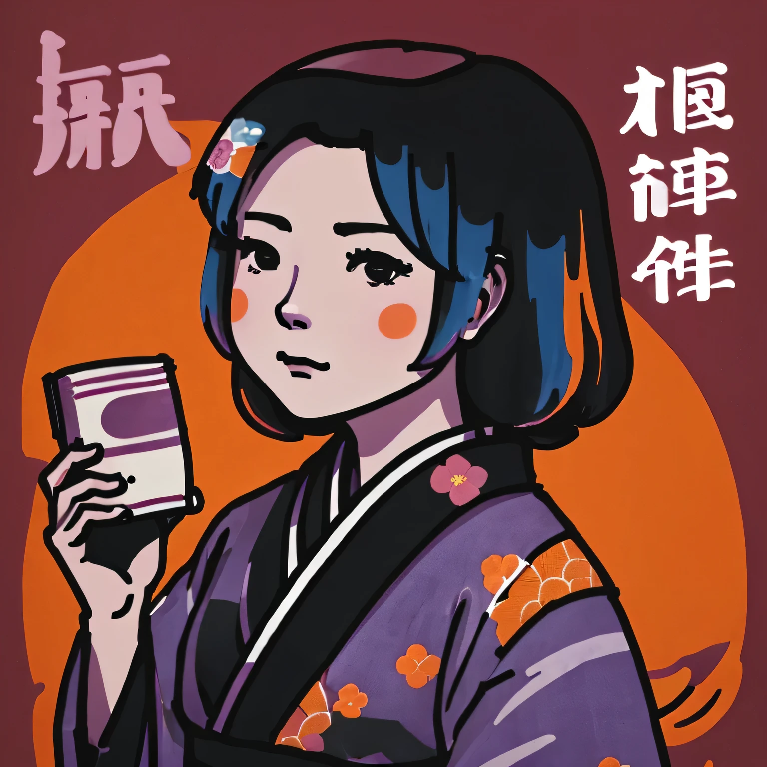 Art vintage japonais, Conception de t-shirts, art vectoriel, plat d&#39;art:1,4." \\ (japonaise, en kimono, cheveux noirs, Art officiel, Beaucoup de couleurs, couleurs du japon: 1.2), ((teint noir:3,0)), (teinte cyan:1,2), (teinte bordeaux:1,4),(Teinte violette: 1,1),(teinte orange: 2,0)