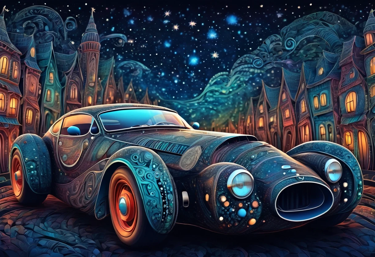 (best quality, highres, ultra sharp), magical ,cute racing car, in the city, magical zentangle printed car, full colored, dark tones, night, starry sky,