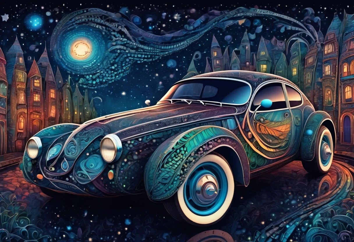 (best quality, highres, ultra sharp), magical ,cute racing car, in the city, magical zentangle printed car, full colored, dark tones, night, starry sky,