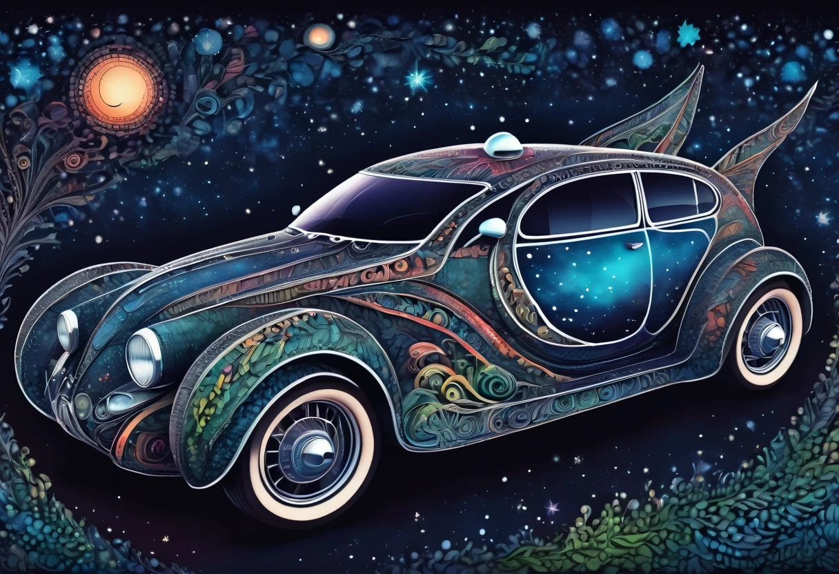 (best quality, highres, ultra sharp), magical ,cute racing car, in the city, magical zentangle printed car, full colored, dark tones, night, starry sky,