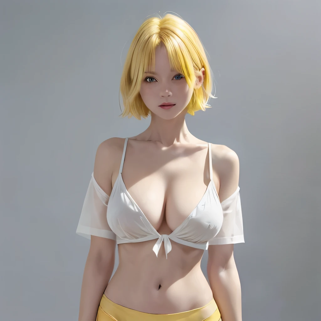1girl,ultra-detailed, semirealistic, detailed face, detailed body, yellow hair, collarbone, open white shirt, large breasts, looking at viewer, oversize shirt, short hair, solo, yellow bra, full body, shirt, oversize white shirt,standing, yellow bikini, holding two daggers,wearing flip-flops