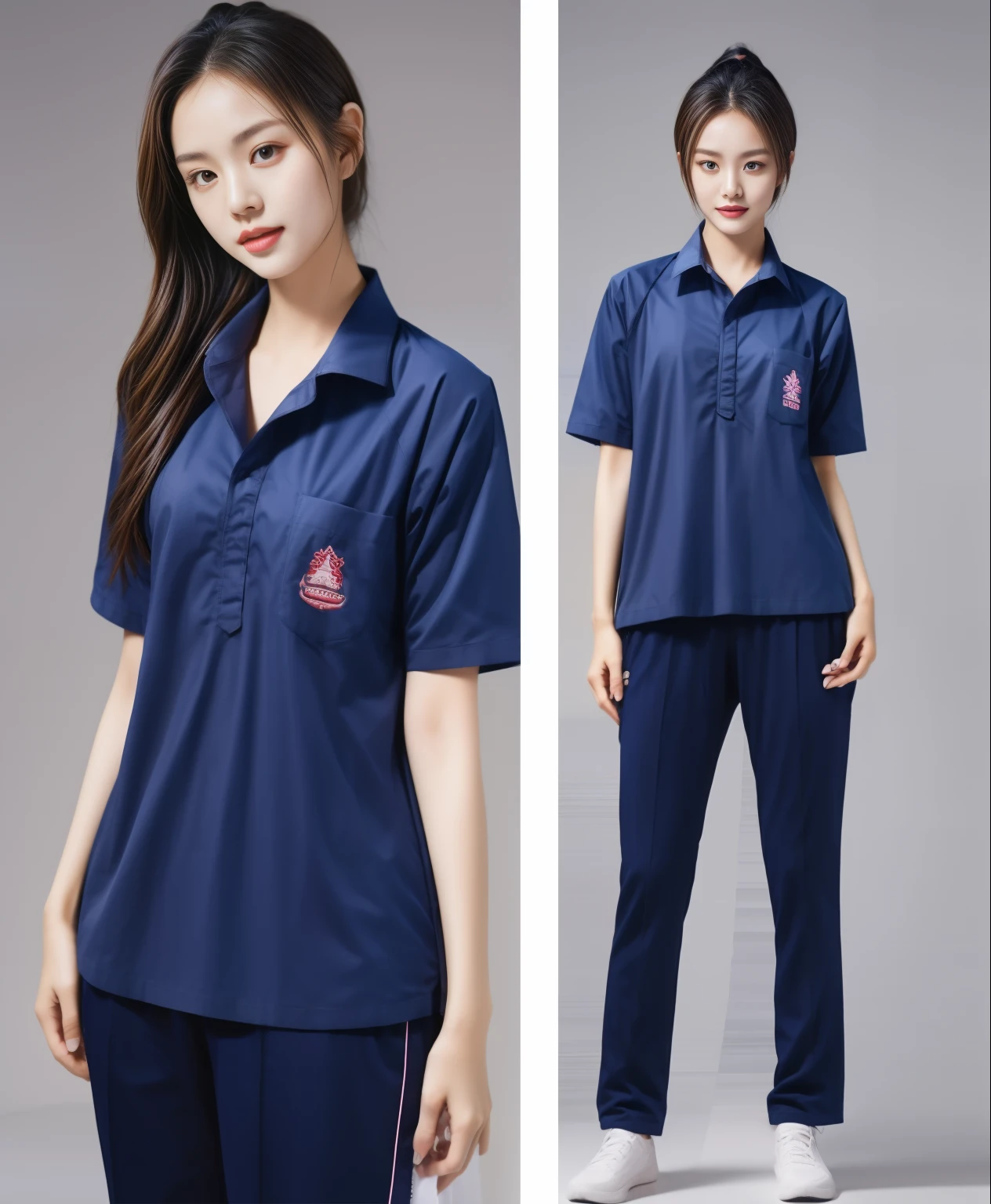 (best quality,10,10,height,Masterpiece:1.2),Special details,(realistic,ภาพrealistic,Realistic photos:1.37),1 Cute girl in the kitchen,shiny, ผิวshiny,only,smile softly,BDclothelue shirt:1.3)),short sleeve,shirt, กางเกงขาlong.,(navy_long_track pants:1.1), ((Kitchen Background)),Dynamic angle,excited,Face focus,dynamic poses,from behind,focus on ass,Masterpiece, best quality, ultra realistic, Too many details, 8k resolution, raw photos, Sharp focus, ((Navy blue shirt:1.1)), short sleeve, เส้นทางlong, perfect body, 2 mature women, 18 years old, Cinema-grade lighting system,blue sweatpants,shirtผ้าออกกำลังกาย,correct anatomy,perfect body, correct body, Sharp face, correct bodyทางกายวิภาค, full body, realistic gestures, long-haired, realistic poses,Wear long shorts...........................,ช่วงขาlong,Good shape,carved girl, Slender figure, model, Good shape, beautiful body,blue sweatpants, two girls kissing