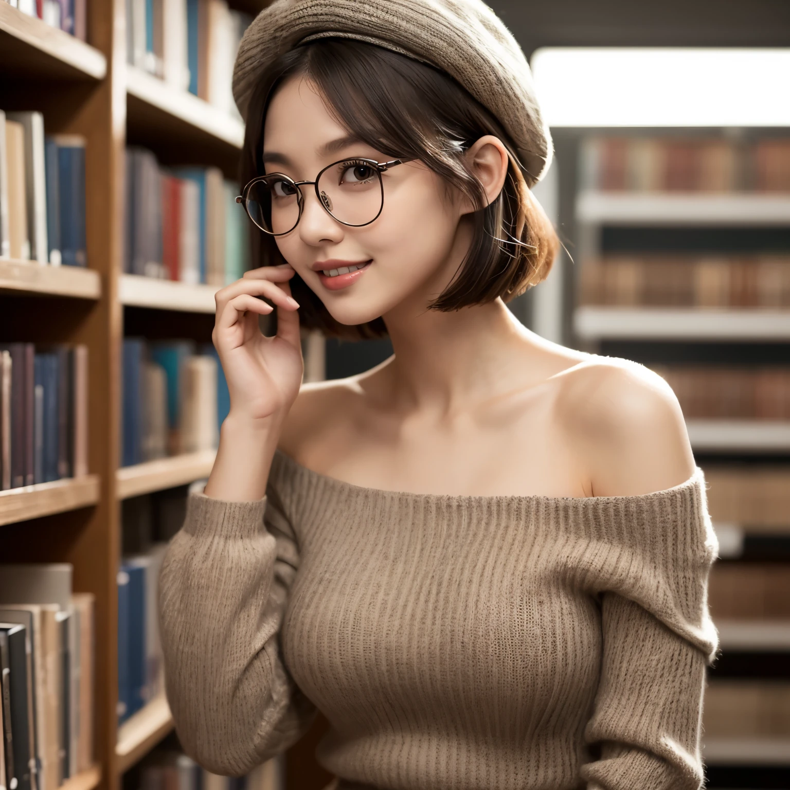 (highest quality、masterpiece、Award-winning work、8K、best image quality、hyper realism)、1 girl、(elegant round glasses:1.2)、(Elegant and modern library:1.1)、(The most natural and perfect library interior:1.1)、(Perfectly organized and regular bookshelf:1.1)、The most natural and perfect bookshelf、smile looking at me、(standing elegantly:1.2)、(brown perfect beret:1.1)、(short bob hair:1.1)、(off-the-shoulder long-sleeved knit dress:1.1)、clavicle、Chunky warm knitwear、(Tight skirt made of elegant melton fabric with check pattern:1.1)、(gray and brown plaid skirt:1.1)、(big breasts:1.2)、(emphasize body line:1.1)、natural makeup、blurred library background、(Beautiful skin that shines brightly:1.3)、Super high-definition glossy skin、(Super high-definition glowing beautiful skin:1.2)、Ultra high definition glossy lips、Super high definition beautiful teeth、(Moody warm lighting:1.2)、(lower your arms:1.1)