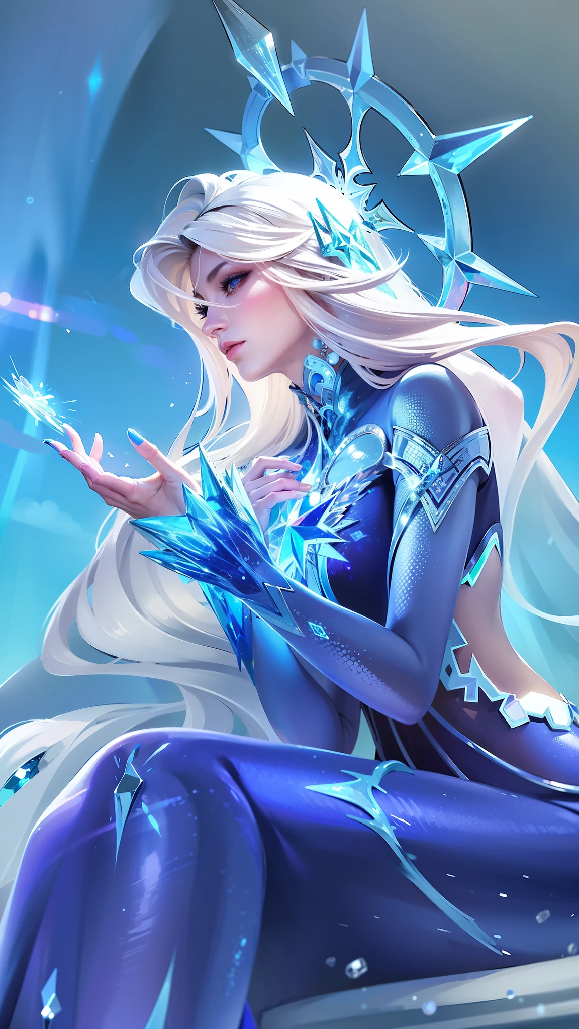 (female:1.2), 8k, ultra hd, ultra detailed texture, hyper realistic, masterpiece, detailed texture, detailed face, detailed skin, detailed lighting, (photorealistic:1.5), best quality, beautiful lighting, cinematic lighting, professional lighting, ultra highres, realistic, detailed hair, real hair, high quality, (realskin:1.5), extremely detailed, finely detail, ultra-detailed, red lips, long hair, white hair, aurora \(mobile legends\), depth of field, white skin, amazing pose, outdoors, glowing, there is a woman sitting on a rock with a crystal in her hand, ice sorceress, queen of ice and storm, ice mage, ice queen, crystalline skin, beautiful ancient frost witch, ice spell, goddess of winter, beautiful celestial mage, crystal maiden, blue eyes