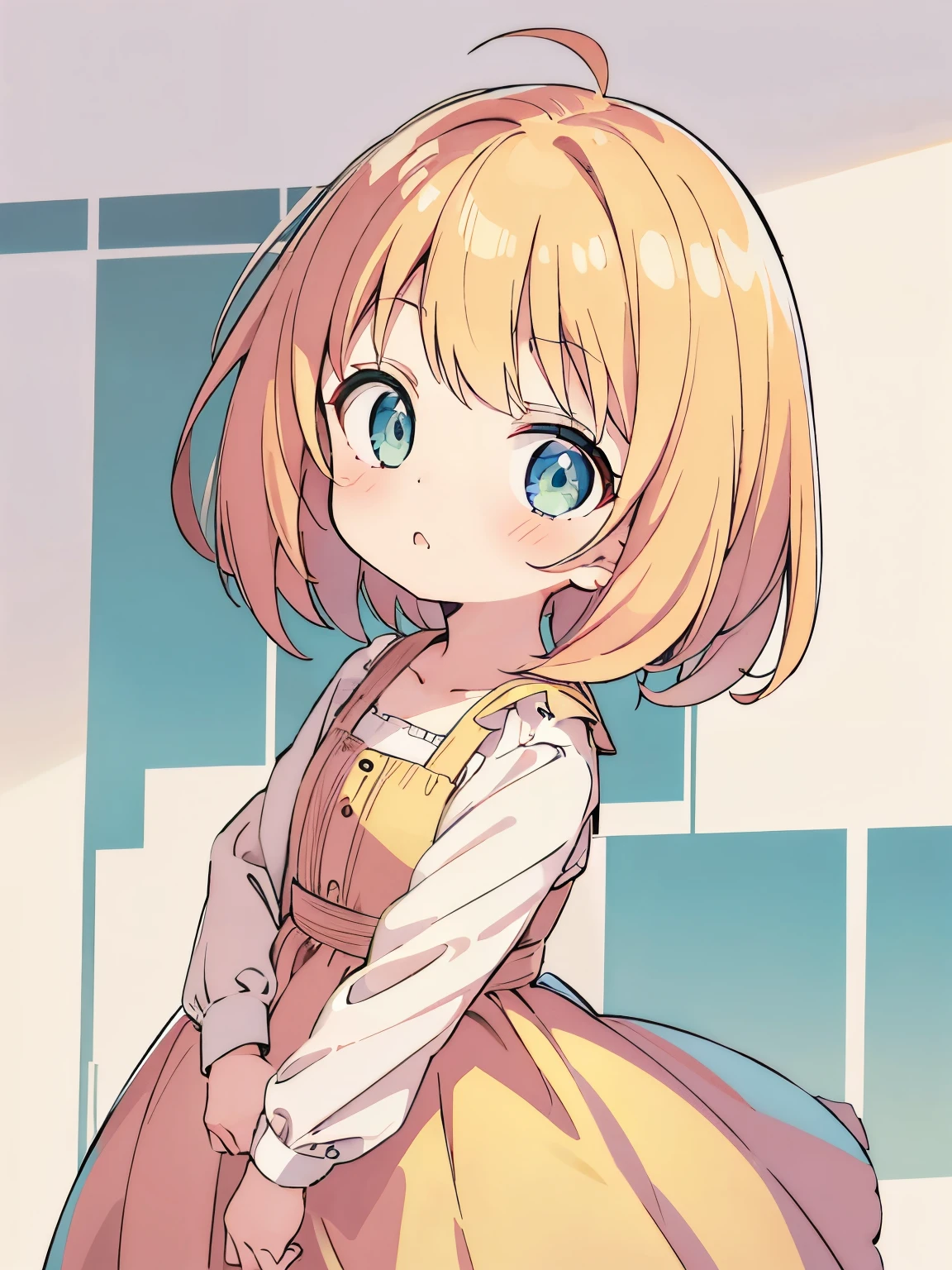 1girl,6 ,Stand facing right, camera angle from the side, look at viewer,blonde hair, yelow hair,blonde hair,blue eyes, Pouting lips,wearing a cute dress, very cute, very short hair, side bangs,ultra detail, ultra HD