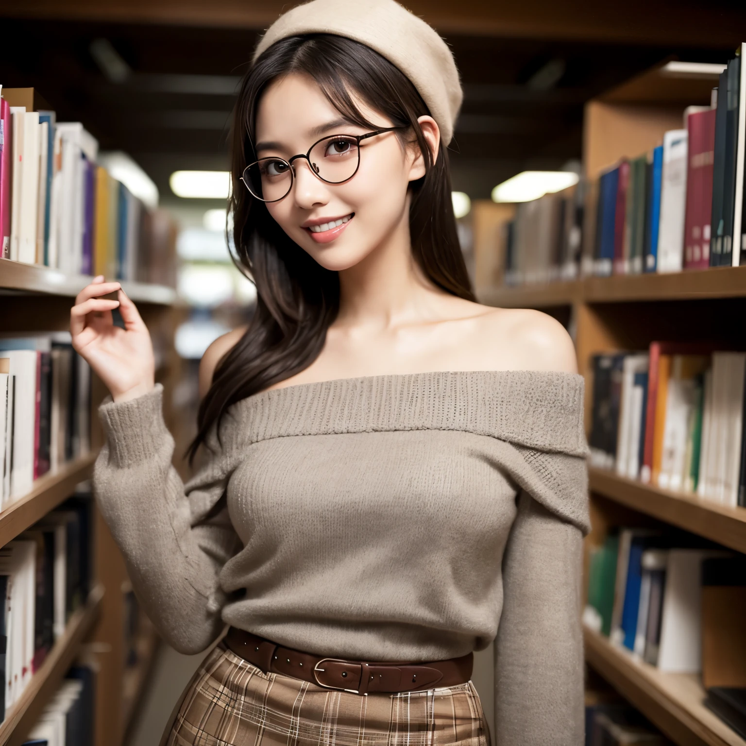 (highest quality、masterpiece、Award-winning work、8K、best image quality、hyper realism)、1 girl、(elegant round glasses:1.2)、(Elegant and modern library:1.1)、(The most natural and perfect library interior:1.1)、(Perfectly organized and regular bookshelf:1.1)、The most natural and perfect bookshelf、smile looking at me、(standing elegantly:1.2)、(brown perfect beret:1.1)、(short bob hair:1.1)、(off-the-shoulder long-sleeved knit dress:1.1)、clavicle、Chunky warm knitwear、(Tight skirt made of elegant melton fabric with check pattern:1.1)、(gray and brown plaid skirt:1.1)、(big breasts:1.2)、(emphasize body line:1.1)、natural makeup、blurred library background、(Beautiful skin that shines brightly:1.3)、Super high-definition glossy skin、(Super high-definition glowing beautiful skin:1.2)、Ultra high definition glossy lips、Super high definition beautiful teeth、(Moody warm lighting:1.1)