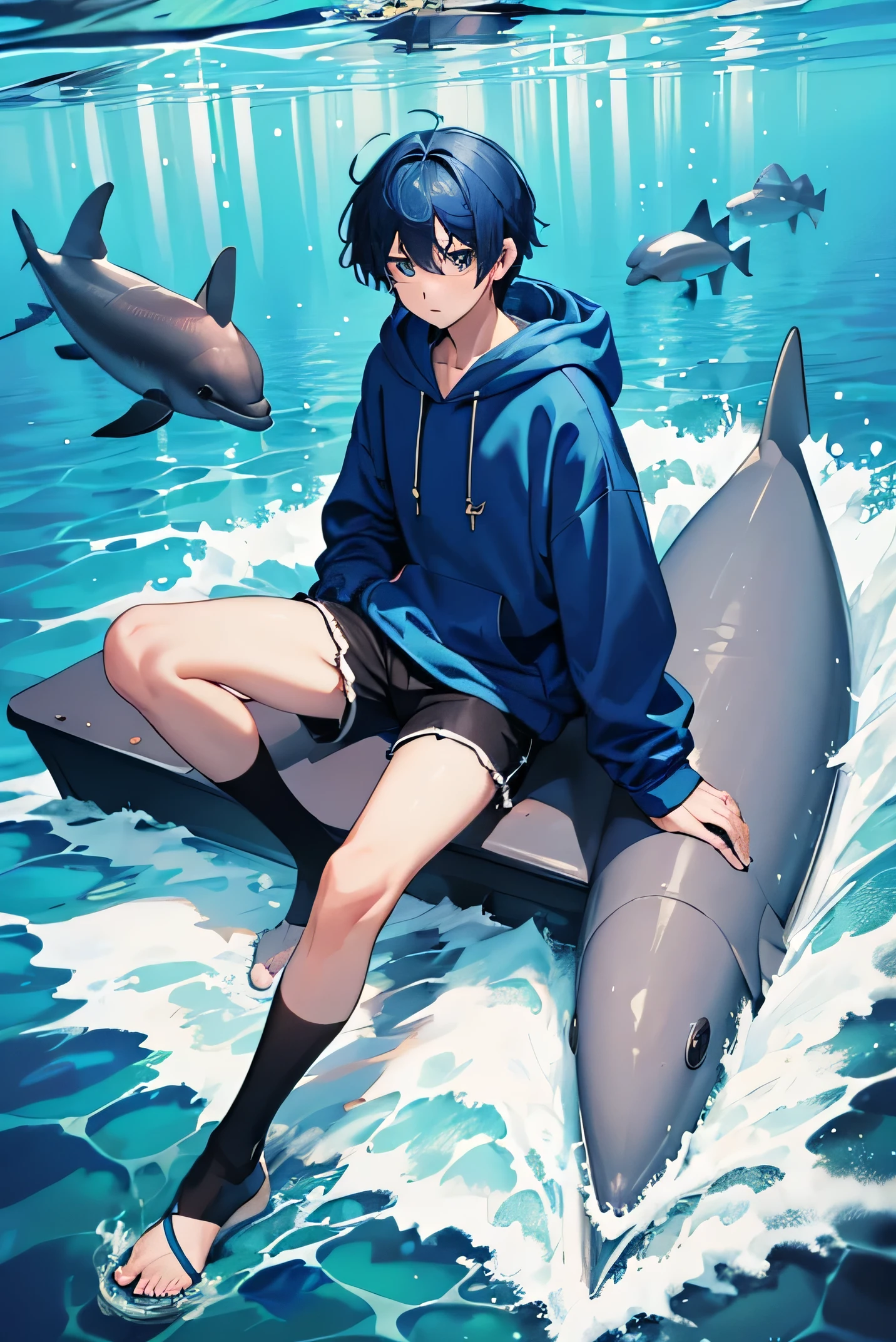 masterpiece, highest quality, full body, (1 boy), (wearing a blue hoodie), a big dolphin,(Messy Japanese round haircut for boys thick hair), (blue hair), black shorts, ((alone)), Snazzy,under water