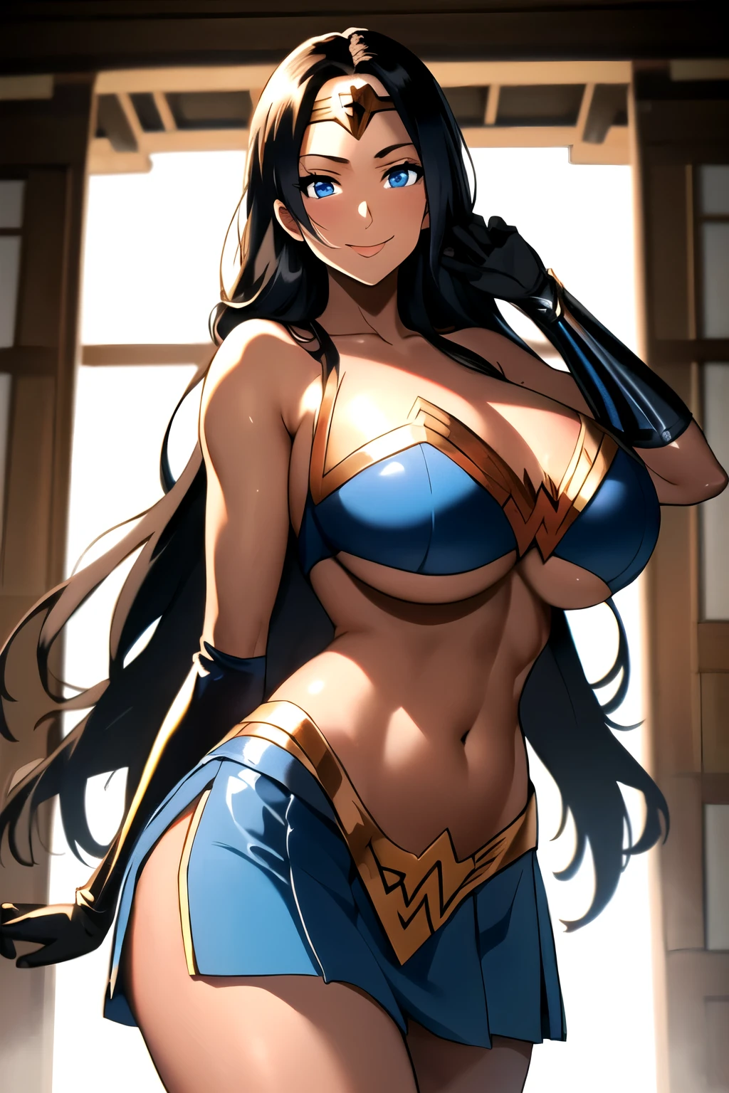 masterpiece, best quality, matsumoto rangiku, beautiful lighting, long hair, (Wonder Woman costume), mini skirt, gigantic breasts, underboob, standing, looking at viewer, blue eyes, smile, japanese architecture, cowboy shot, shiny skin, gigantic breasts, curvy, seductive smile, bare shoulders, elbow gloves, black hair ,((light dark skin: 1.4))