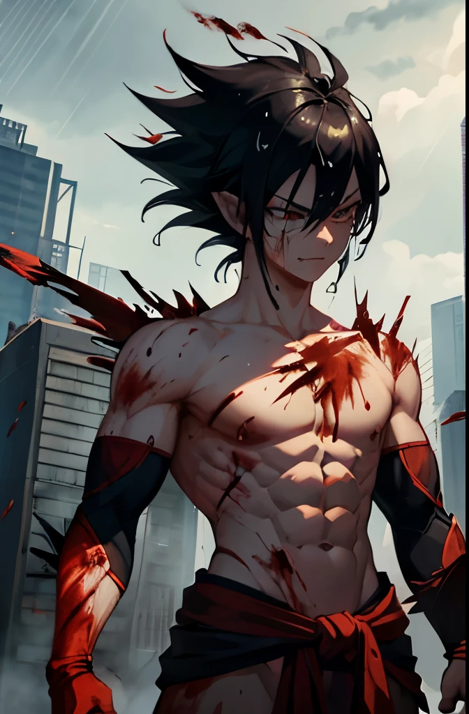 a male dying and bleeding Saiyan warrior, looking up, missing an arm, floating in the air, blood dripping, cuts on chest, smiling, destroyed city, masterpiece, best quality, high quality, high details, highest, accurate, anatomically correct, textured skin, UHD, 1080P (1 Fallen Male Saiyan),(rage:1.1),(one eye closed:1.1),upper body shot,The fire sword,black hair,short hair,blue eye,straight hair,(ThunderStorm:1,5),darksouls,(fire:1.4),(Rainy:1.3),((blood dripping from mouth:1.0)),(((profuse bleeding:1.5))),grass,(wet skin:1.3),(wet hair:1.5),(gritting teeth:1.0)