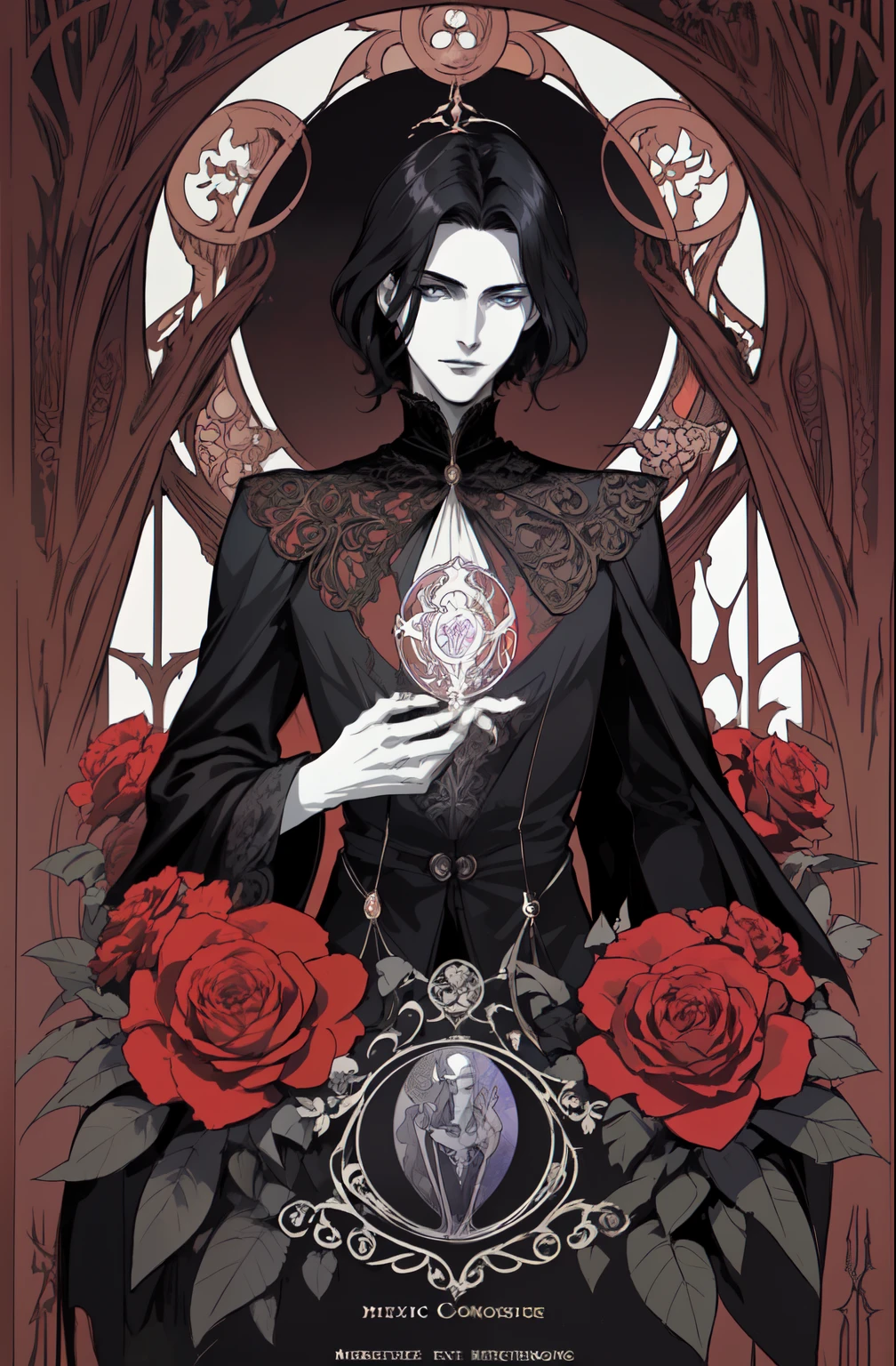basic Art Nouveau, A Vampire man tarot card with, man, perfect face, young, (((oval face))), dark clothes, soft and melancholic facial features, delicated, no wrinkles, gothic style, perfect detailed eyes and face, black hair and blue eyes vampire man, short hair, synthwave and Art Nouveau hybrid style, bold and flowing lines, dynamic composition mixing organic Art Nouveau patterns, intricate roses and motifs intertwined with geometric shapes, figure embodying The Vampire with an air of mystique and gothic, commanding yet serene expression, robes adorned with Art Nouveau inspired patterns, digital grid landscapes accented with natural forms, neon-like outline effects reminiscent of stained glass, white background, high contrast for easy coloring, visual clarity, French Art Nouveau, 80's Vaporwave art style. minimalist detail,