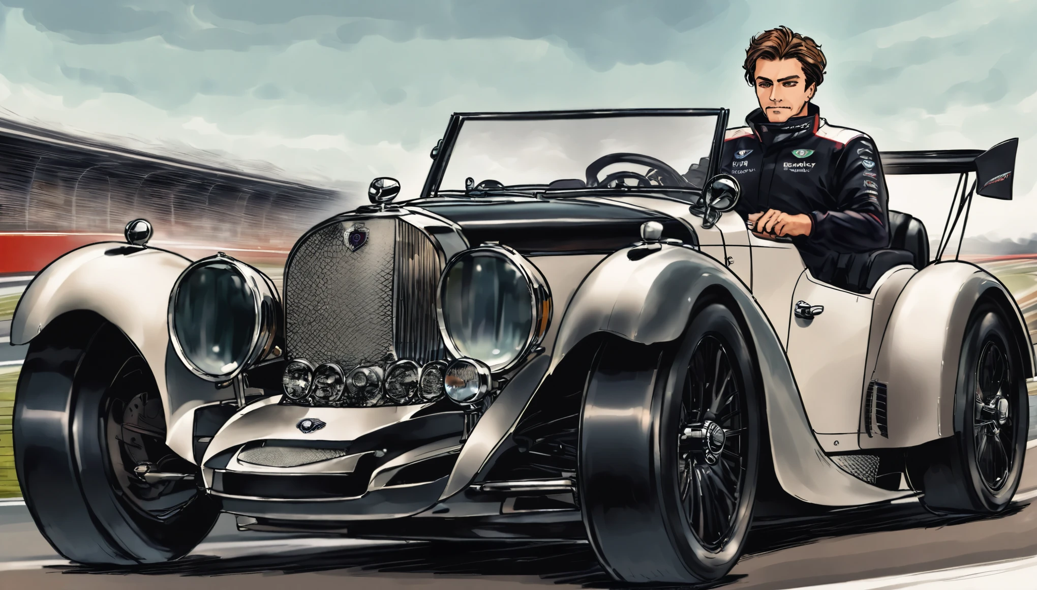 A man in a racing suite dress, sitting confidently behind the wheel of an open-roof Bentley, driving racing car