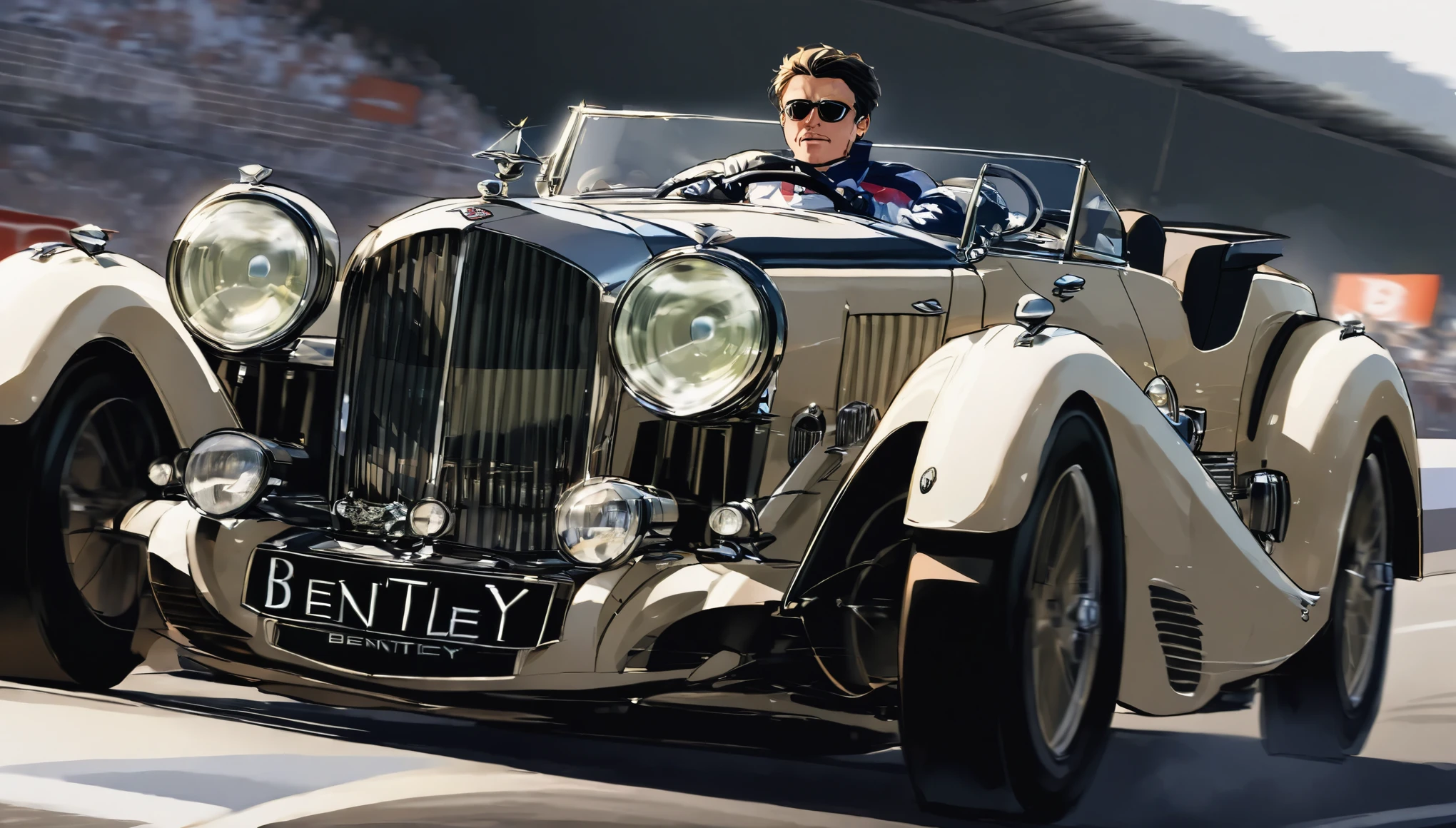 A man in a racing suite dress, sitting confidently behind the wheel of an open-roof Bentley, driving racing car