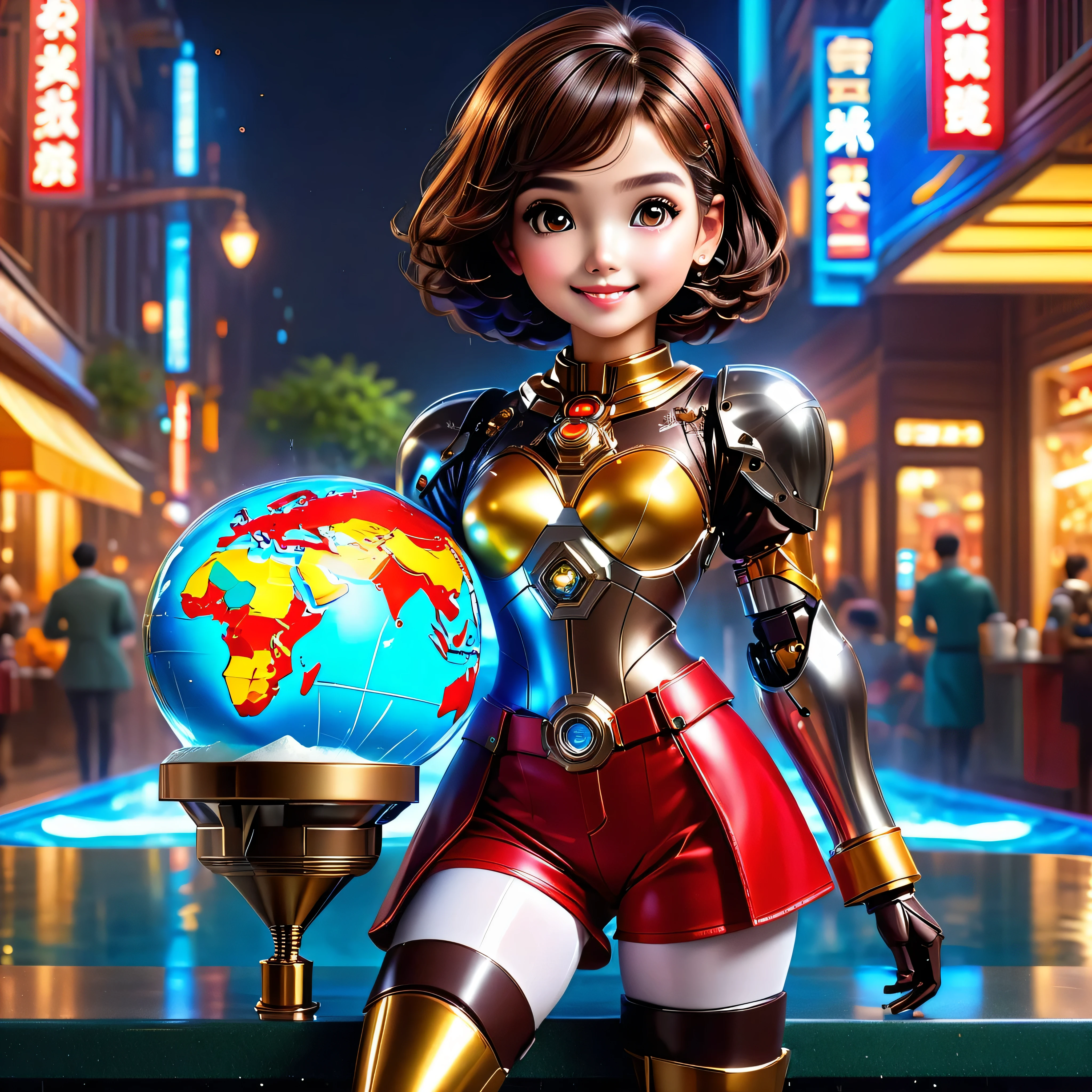 A fine Mecha-girl fullbody mechanized Legs full-prosthesis heavy high Boots, with black hair, she is wearing short shorts and a shirt, she's 18, her eyes are dark brown, coffee, she loves coffee, she is holding a cup of coffee, she is black, has dark skin, Globe World Earth (epic tMasterpiece, ultra highest quality, ultra highest resolution, ultra high-definition, distinct_image, very elaborate CG cinematic_lighting ray_tracing drop_shadows (photorealistic: 1.4), ultra high-quality textures fine-grained realistic face expression): (Epic gorgeous girl brown short hair bulb frange big sparkling eyes, Eye level shot, happy smile, beauty, slim body small size breast) (max best quality,UHD, HDR,tmasterpiece:1.2),Super detailed,lifelike:1.37,cute Mechanical dolls on children's fountain droplet,Emotional communication,interesting action,Ornaments,Possessing human emotions and intelligence,Mechanical dolls,big eyes,dark eye makeup,Dumb,cute,mechanical joint,short hair,whole body,action,posture,sneakers,fashionable costume,metal skin decoration,Clean,Warm,Warm hearth,blur background, red clothing, varied multi etc. --v6 --s1000 --c20 --q5 --chaos100