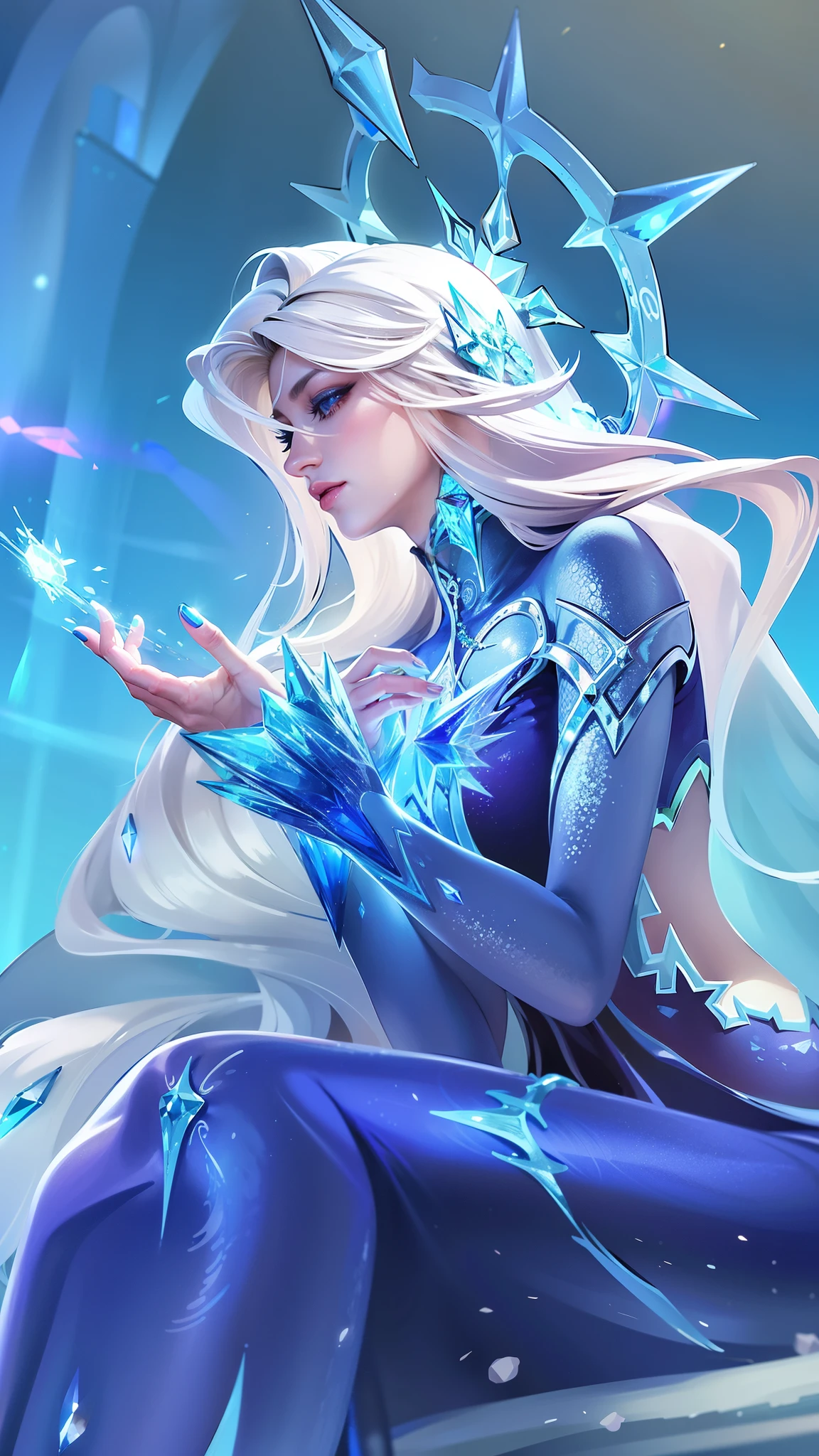 (female:1.2), 8k, ultra hd, ultra detailed texture, hyper realistic, masterpiece, detailed texture, detailed face, detailed skin, detailed lighting, (photorealistic:1.5), best quality, beautiful lighting, cinematic lighting, professional lighting, ultra highres, realistic, detailed hair, real hair, high quality, (realskin:1.5), extremely detailed, finely detail, ultra-detailed, red lips, long hair, white hair, aurora \(mobile legends\), depth of field, white skin, amazing pose, outdoors, glowing, there is a woman sitting on a rock with a crystal in her hand, ice sorceress, queen of ice and storm, ice mage, ice queen, crystalline skin, beautiful ancient frost witch, ice spell, goddess of winter, beautiful celestial mage, crystal maiden, blue eyes