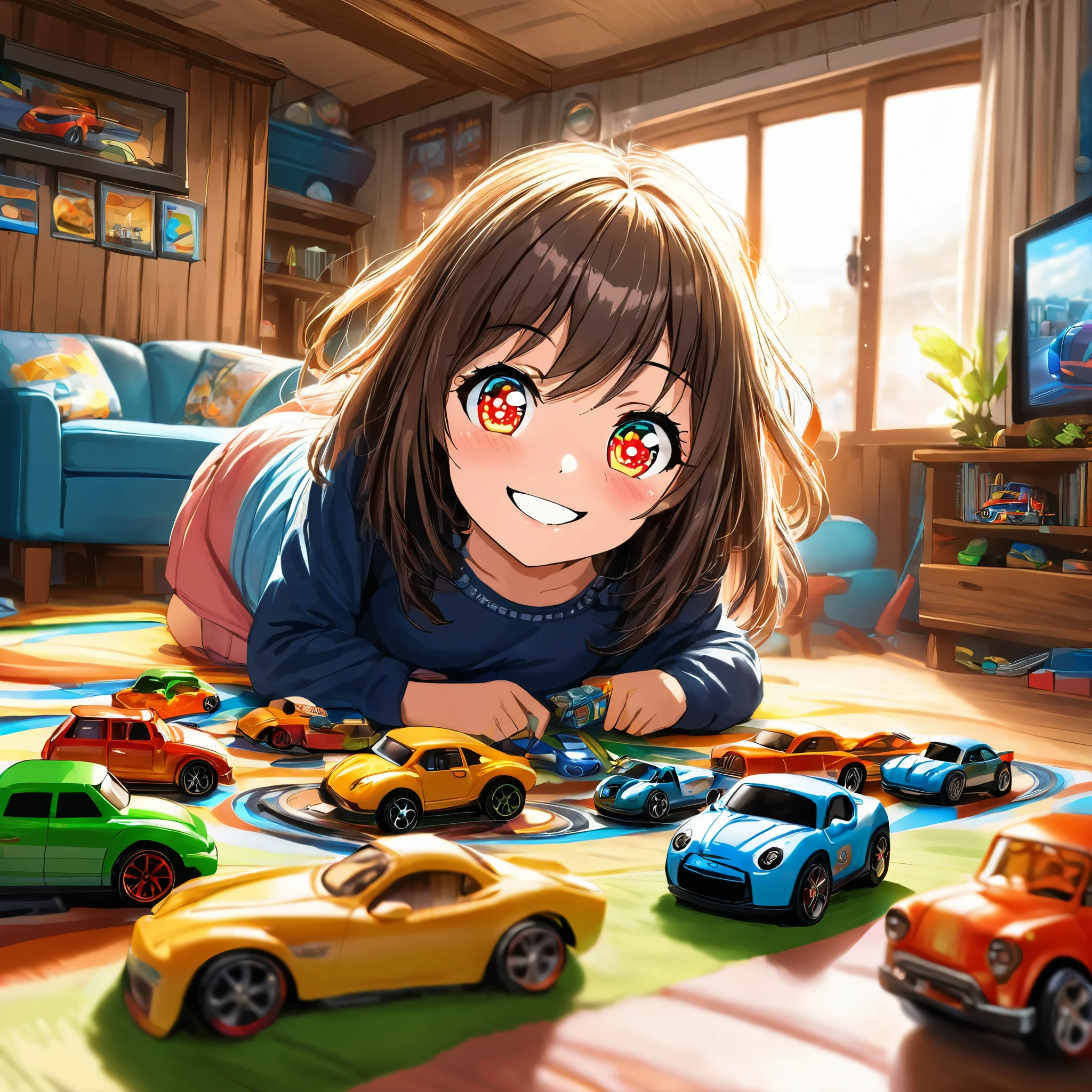 1 girl playing in living room with Hot-wheels car set, lively environment, smiling face, detailed face, detailed eyes,
