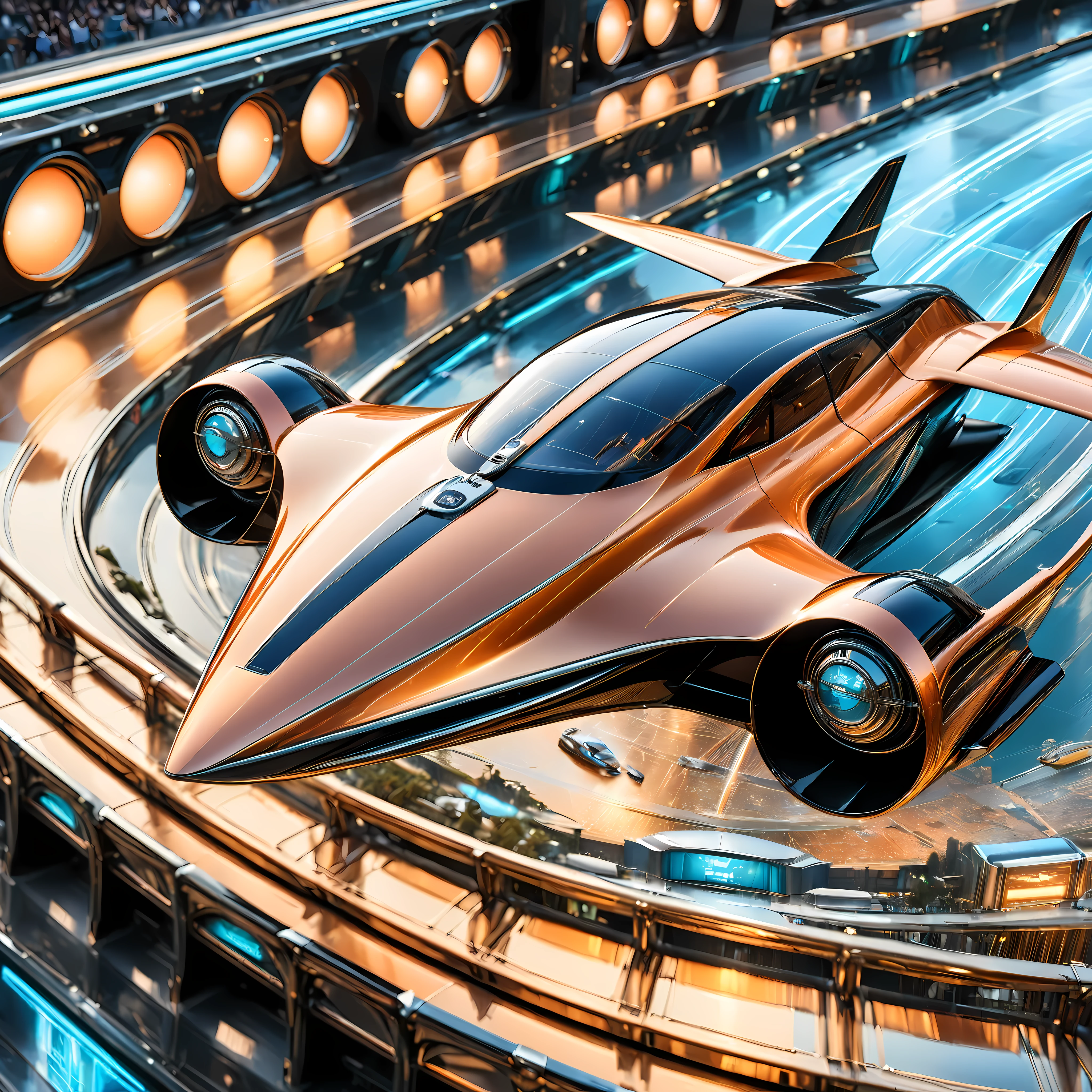 ((art deco style flying car):1.5), art deco style science fiction, futuristic race, flying car race, background is futuristic stadium, ((futuristic stadium):1.2)

(best quality,4k,8k,highres,masterpiece:1.2),ultra-detailed,(realistic,photorealistic,photo-realistic:1.37),HDR,UHD,studio lighting,ultra-fine painting,sharp focus,physically-based rendering,extreme detail description,professional,vivid colors,bokeh.

All captured with sharp focus. Rendered in ultra-high definition with UHD and retina quality, this masterpiece ensures anatomical correctness and textured skin with super detail. With a focus on high quality and accuracy, this award-winning portrayal captures every nuance in stunning 16k resolution, immersing viewers in its lifelike depiction. Avoid extreme angles or exaggerated expressions to maintain realism. 

((perfect_composition, perfect_design, perfect_layout, perfect_detail, ultra_detailed)), ((enhance_all, fix_everything)), More Detail, Enhance.