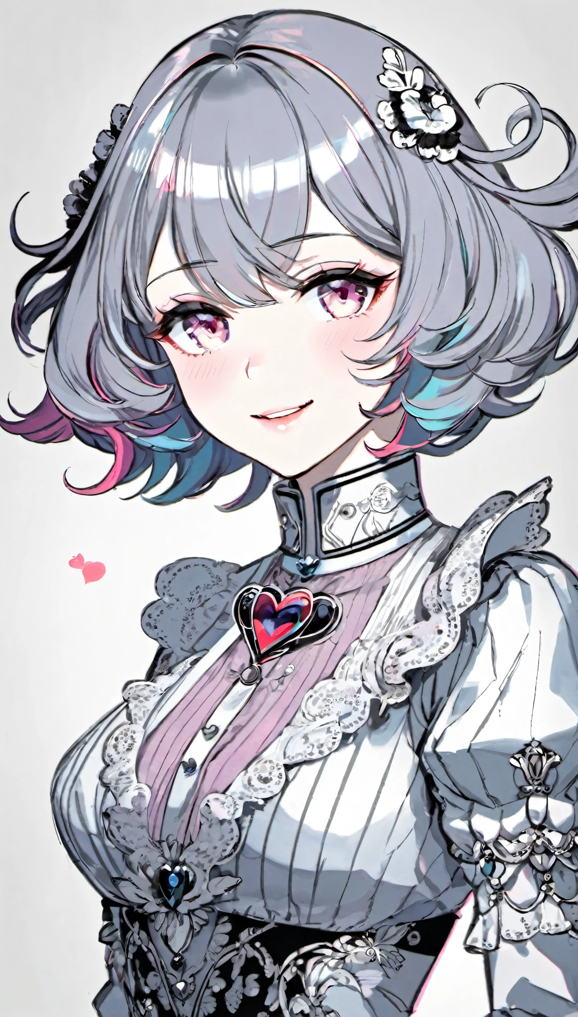 (Pencil_Sketch:1.2, messy lines, greyscale, traditional media, sketch),(full body portrait:1.8)，Colored inner hair, hair intake, hairpin, mole under the eye, heart shaped collar, cosmetic, Smile, Art Deco, rococo style, high detail, concept art, On Art, Chromatic aberration abuse, rounded corners, Caustics, diffraction peak, ultra high definition, Super details, high details, high quality, high resolution, 16K
