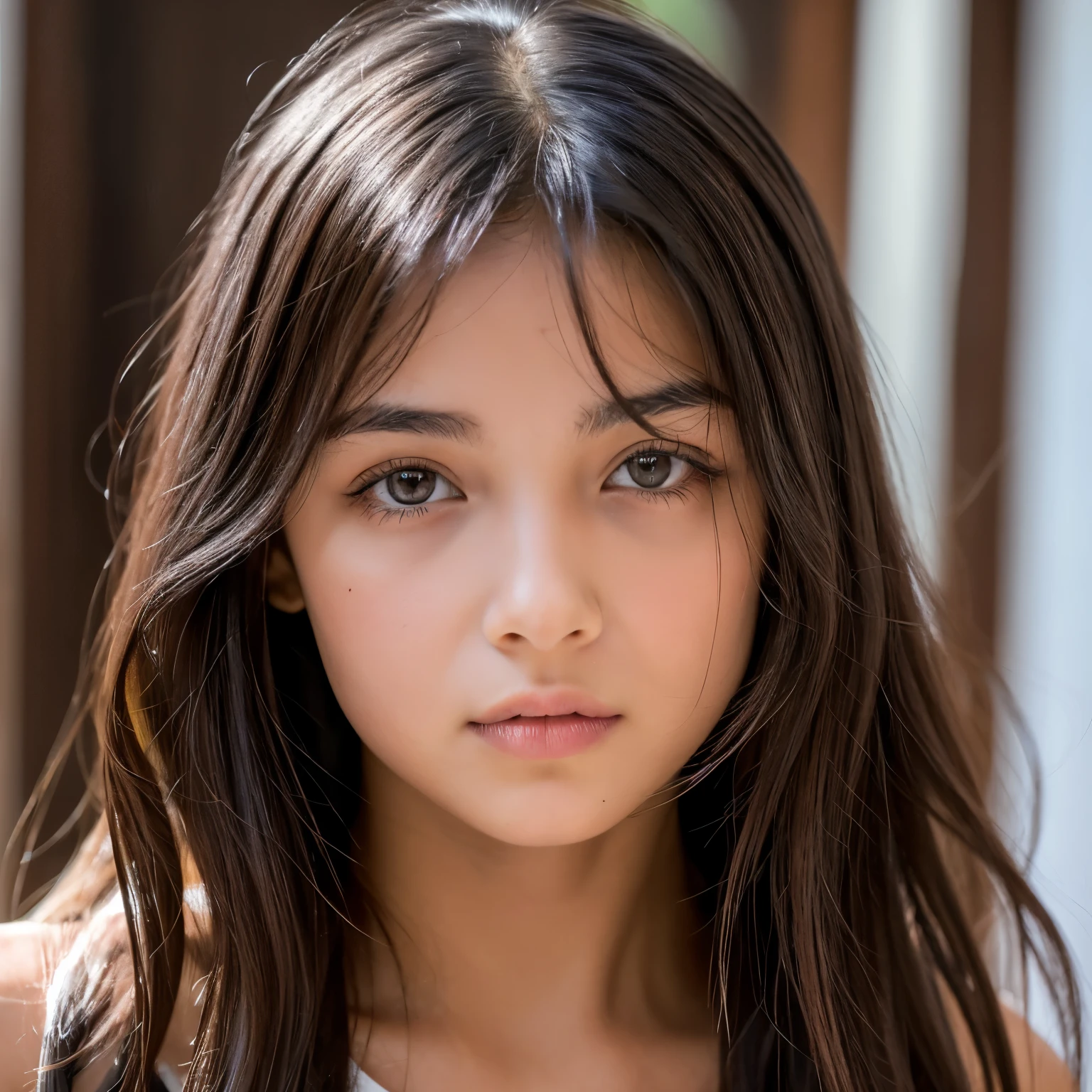 Uma adolescente com olhos pequenos ,boca rosa,medium breasts,cabelo grande preto com franja ,olhos castanhos,cintura fina, pele branca ,