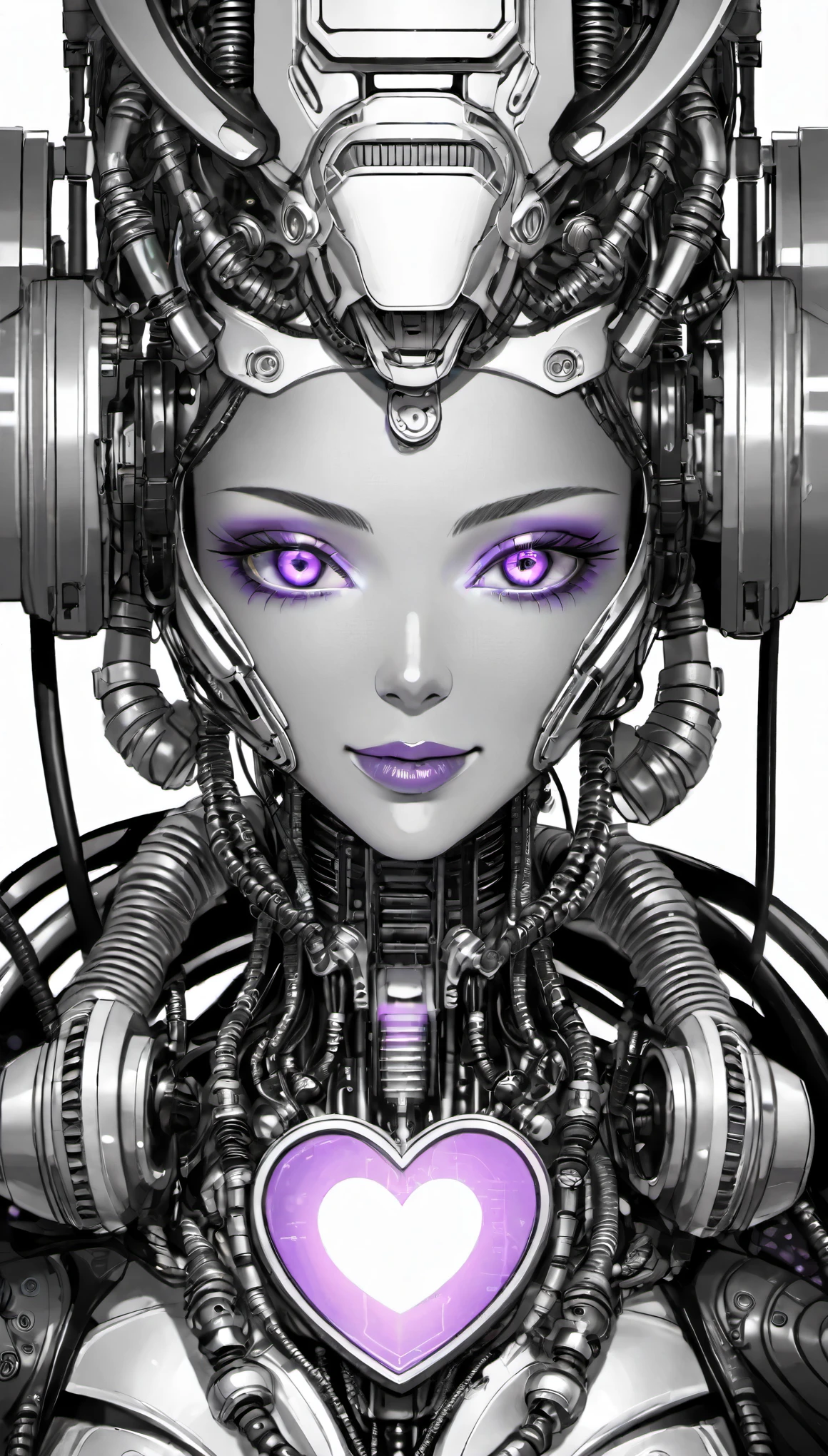 (Pencil_Sketch:1.2, messy lines, greyscale, traditional media, sketch),There is a photo of purple eyes, Cyberpunk Art by Justin Gerrard, cgsociety contest winner, afrofuturism, Intricate robots,With metal cowboy hat, Beautiful biomechanical deity, translucent. Biomechanical cyborgs, Deep cyberpunk robot, portrait of space, Biomechanical cyborgs, Colorful sci-fi steampunk, detailed portrait of,heart shaped collar, cosmetic, Smile, Art Deco, rococo style, high detail, concept art, On Art, Chromatic aberration abuse, rounded corners, Caustics, diffraction peak, ultra high definition, Super details, high details, high quality, high resolution, 16K