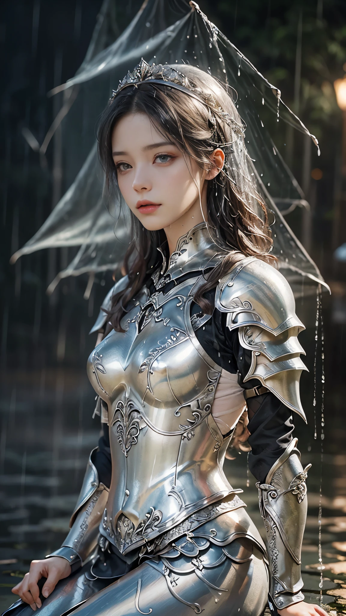 a woman in a silver armor, realistic Art Station, (hard raining:1.5), Detailed Fantasy Art, Stunning Character Art, beautiful Exquisite Character Art, Beautiful (silver Armor:1.8), Extremely Detailed, Exquisite Intricate Headdress and Jewellery, perfect body, sitting,