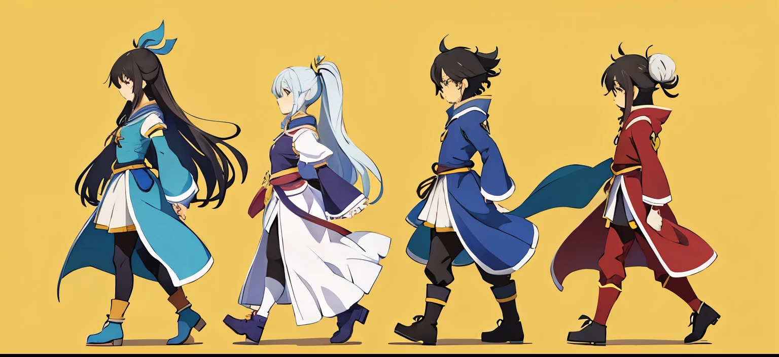 side view, 4 separate unique characters walking in a line, fantasy theme, fantasy world, konosuba style