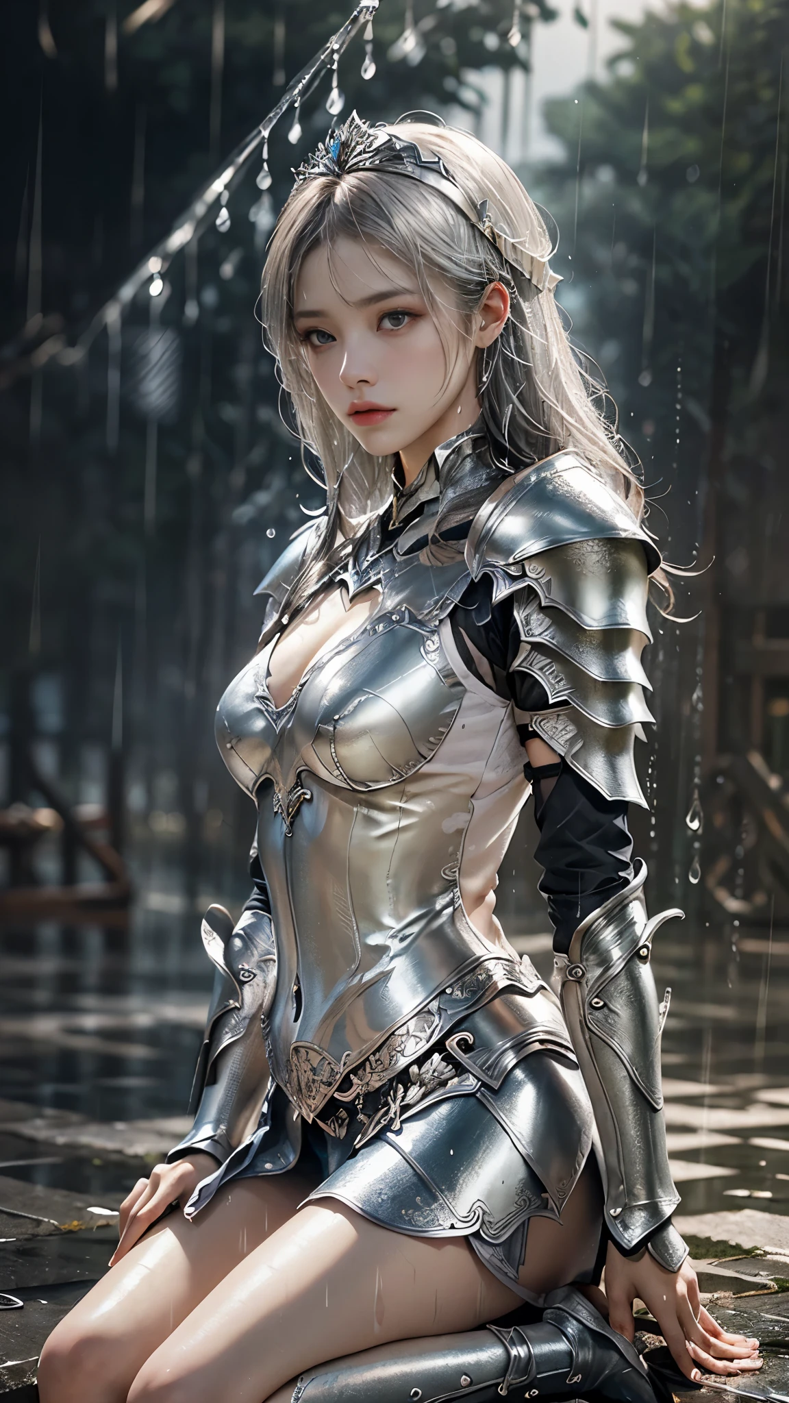 a woman in a silver armor, realistic Art Station, (hard raining:1.5), Detailed Fantasy Art, Stunning Character Art, beautiful Exquisite Character Art, Beautiful (silver Armor:1.8), Extremely Detailed, Exquisite Intricate Headdress and Jewellery, perfect body, sitting,