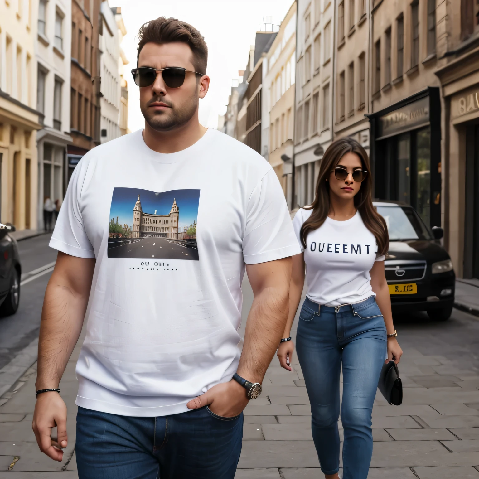beauty disappears,Large top,Round neck T-shirt,fat,British men,Plain white T-shirt,loose,Wear sunglasses,street view