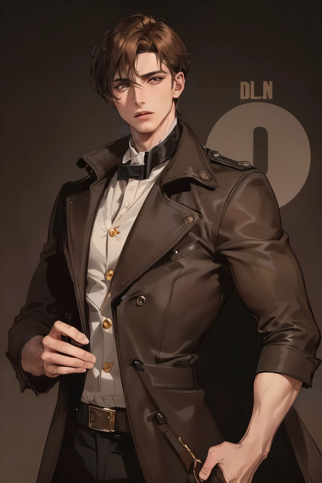 cover for a book, photography of a sexy detective man, a solo man, (((man))), (masculine face), 25 years old, mysterious, big bad boy, (golden eyes), expressive look, short brown hair, (((dark background))), shine hair, unshaven, old coat, super detailed face, perfect body, perfect shapes, realistic image, award winning photography, 8k,