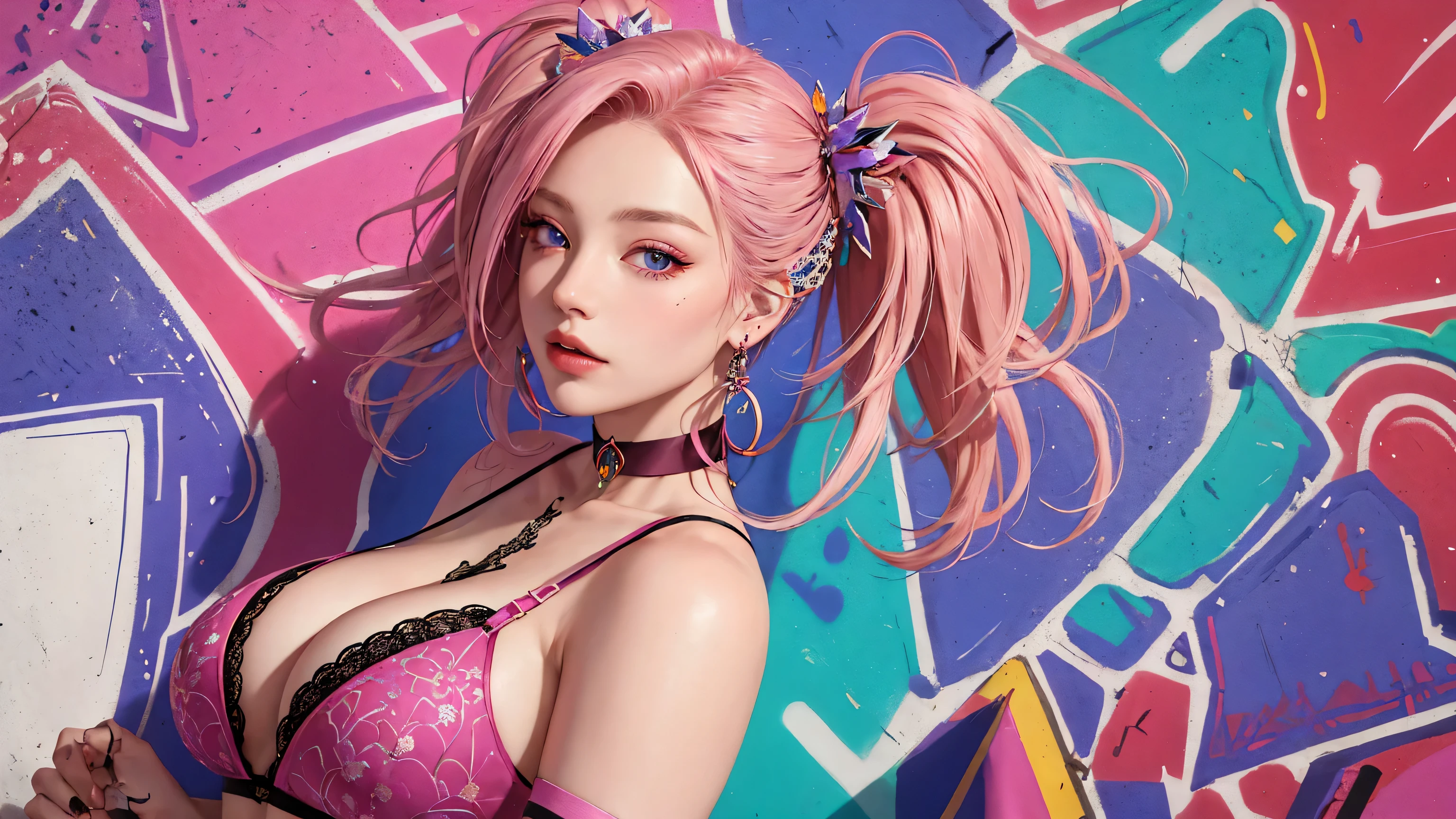 (Masterpiece, best quality, 1 girl, alone, complicated details, Chromatic aberration), realistic, ((Moderate breath)),long hair, pink hair, Red headpiece, Pink Highlights, hair on one eye,purple eyes, earring, sharp eyes, choker, Neon coat, She wears a collar, bangle, and kimono style garters., crop top, (symmetrical eyes),(Perfect symmetrical body),against the wall, Brick wall, (colorful graffiti words on the wall:1.2), The light is dim., alley ,Look at the viewer.,