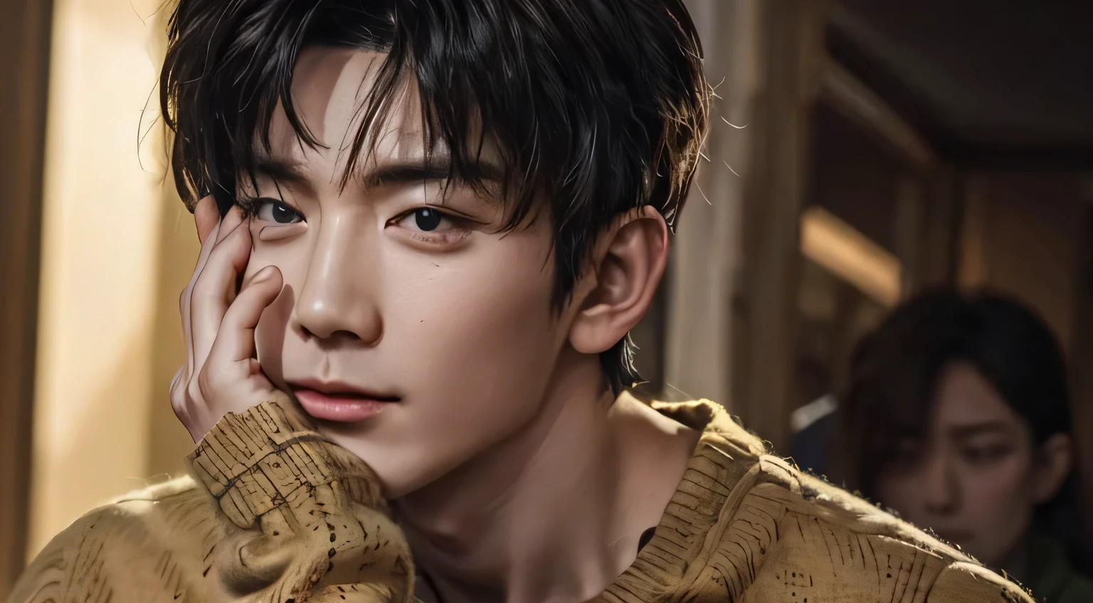 Wear a green sweater、Alafid Asian man with hands on face, jinyoung shin, Shen Zhen’s youthful aesthetics, Inspired by Zhang Han, Qi Urzan, Inspired by Li Quanshuo, Kim Doyoung, Ten Thousand Angels of Youth, Inspired by Bian Shoumin, Cai Xukun, yanjun chengt, inspired by Yanjun Cheng, Li Shi, Hengtai