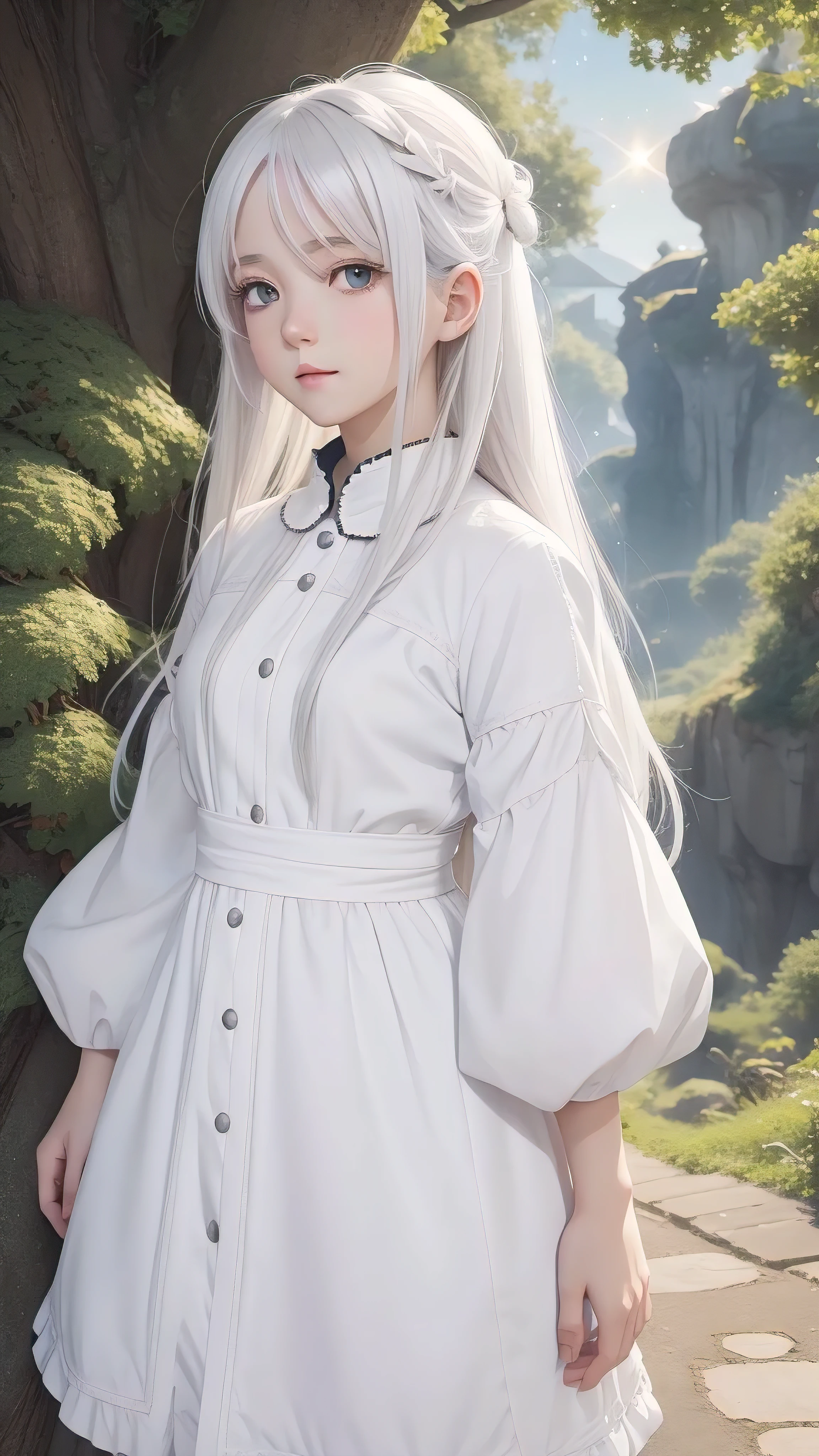 The background is a city, perfect white-haired girl,  in dress, white-haired, white-haired god, cute anime waifu with beautiful clothes, gray hair, best anime wallpaper 4k konachan, small curve , guvez on Pixiv ArtStation, white haired girl, nightcore, standing in a tree, looking at the stars, super detailed face