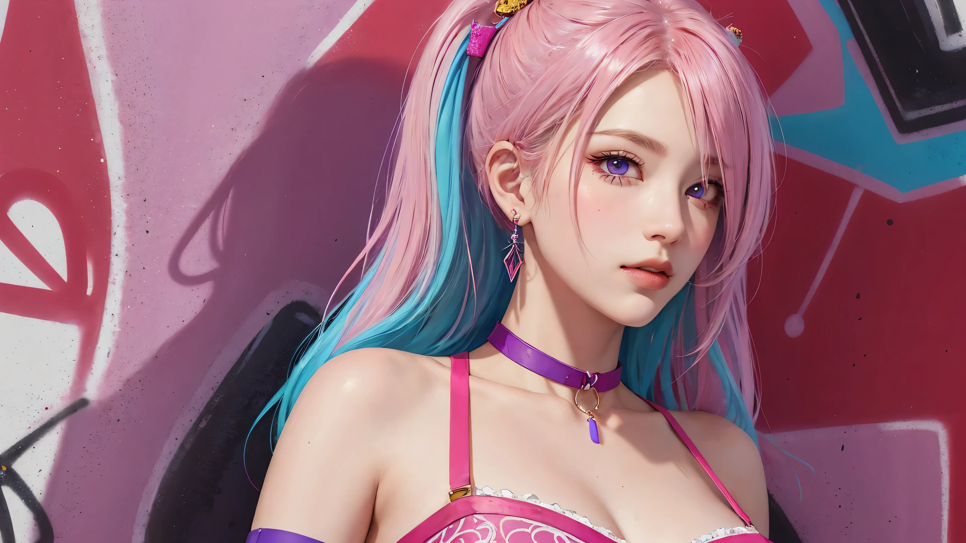 (Masterpiece, best quality, 1 girl, alone, complicated details, Chromatic aberration), realistic, ((Moderate breath)),long hair, pink hair, Red headpiece, Pink Highlights, hair on one eye,purple eyes, earring, sharp eyes, choker, Neon coat, She wears a collar, bangle, and kimono style garters., crop top, (symmetrical eyes),(Perfect symmetrical body),against the wall, Brick wall, (colorful graffiti words on the wall:1.2), The light is dim., alley ,Look at the viewer.,