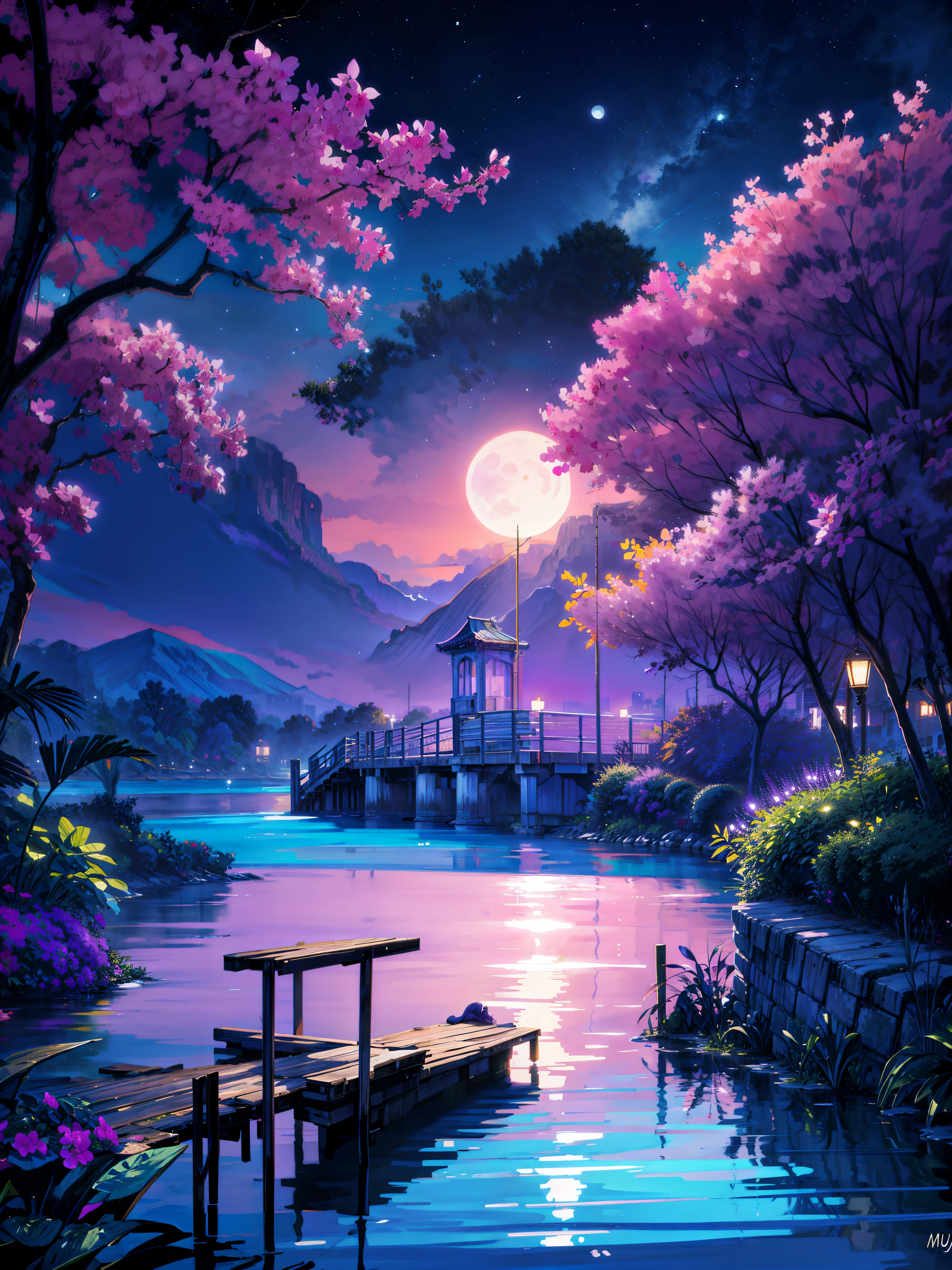 painting of a neon ((purple ,blue )) moonlight,dock areas, Bougainville decoration , , moonlight, river, moonlight reflection,beautiful art uhd 4 k, a beautiful artwork illustration, beautiful digital painting, highly detailed digital painting, beautiful digital artwork, detailed painting 4 k, very detailed digital painting, rich picturesque colors, gorgeous digital painting, no human