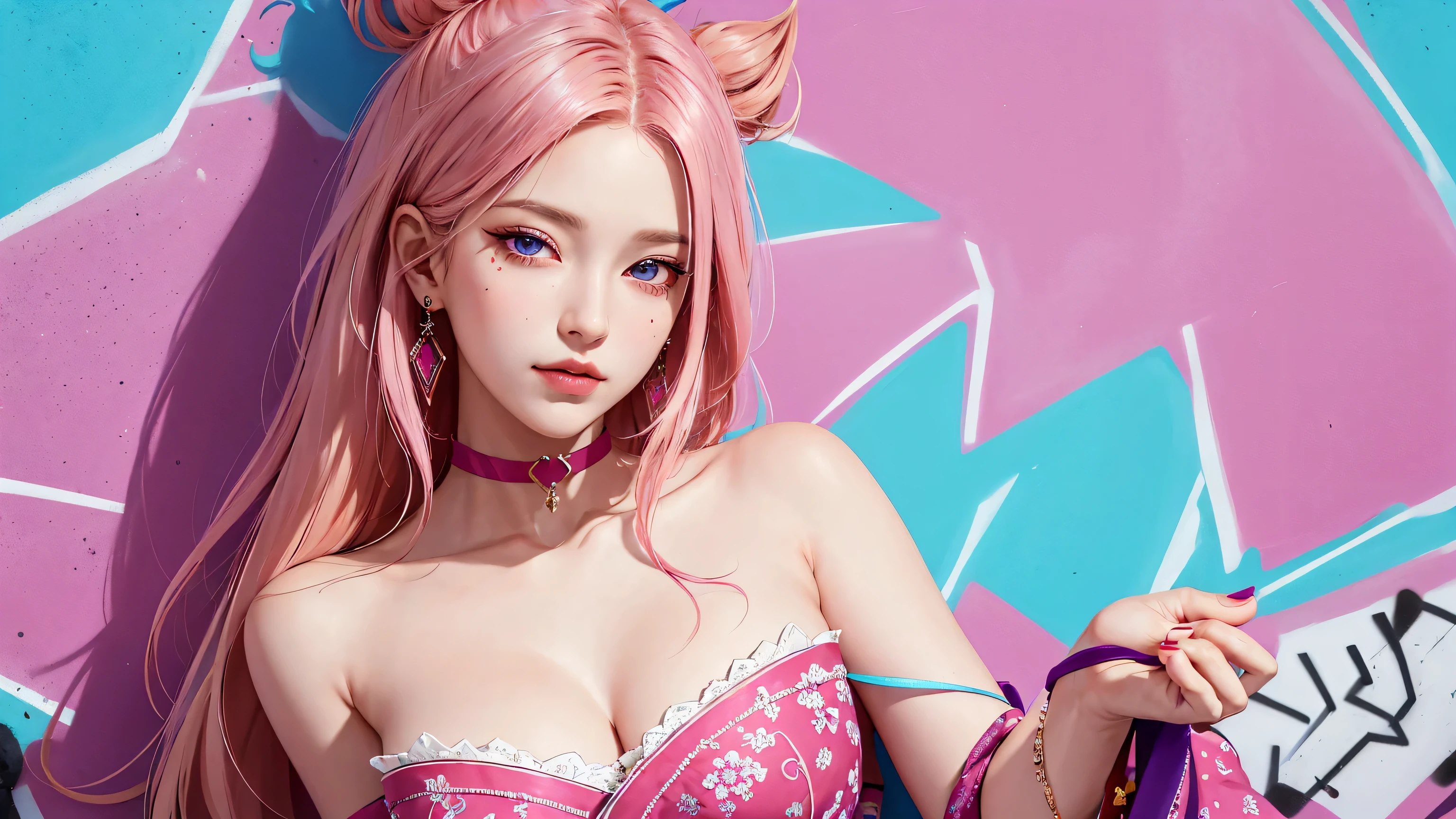 (Masterpiece, best quality, 1 girl, alone, complicated details, Chromatic aberration), realistic, ((Moderate breath)),long hair, pink hair, Red headpiece, Pink Highlights, hair on one eye,purple eyes, earring, sharp eyes, choker, Neon coat, She wears a collar, bangle, and kimono style garters., crop top, (symmetrical eyes),(Perfect symmetrical body),against the wall, Brick wall, (colorful graffiti words on the wall:1.2), The light is dim., alley ,Look at the viewer.,