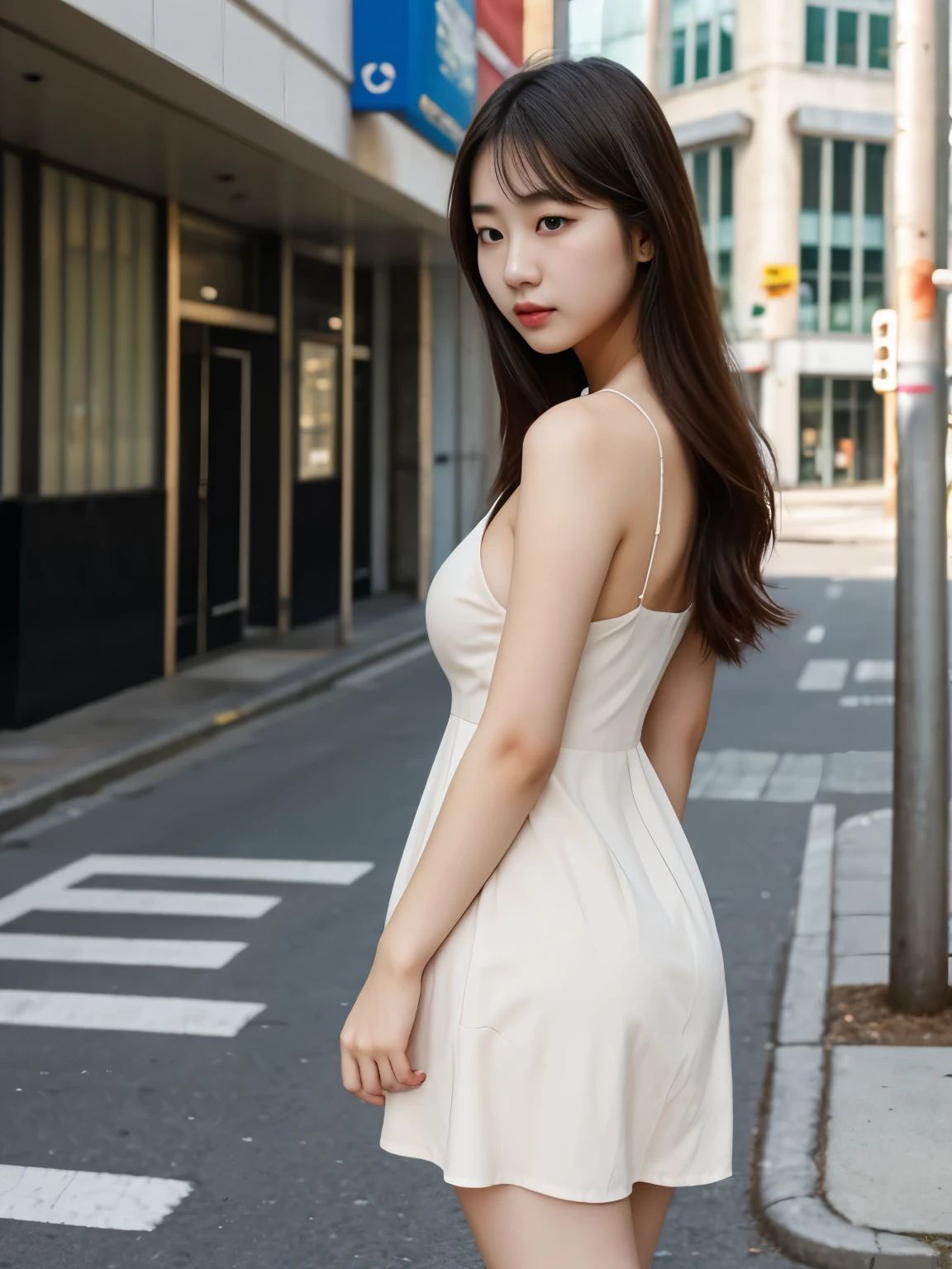 1 Korean girl, 20 years old, long hair, natural big breast, slim body, in a dress, on the street