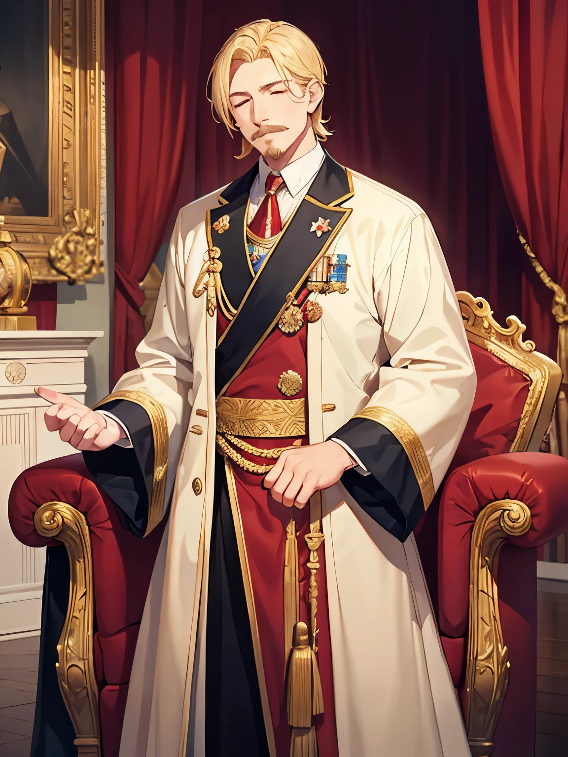 King standing in the royal palace,Medium hair, mustache, 35 years old, blonde hair, closed eyes, red royal clothes, ultra detailed,half body photo,slight smile