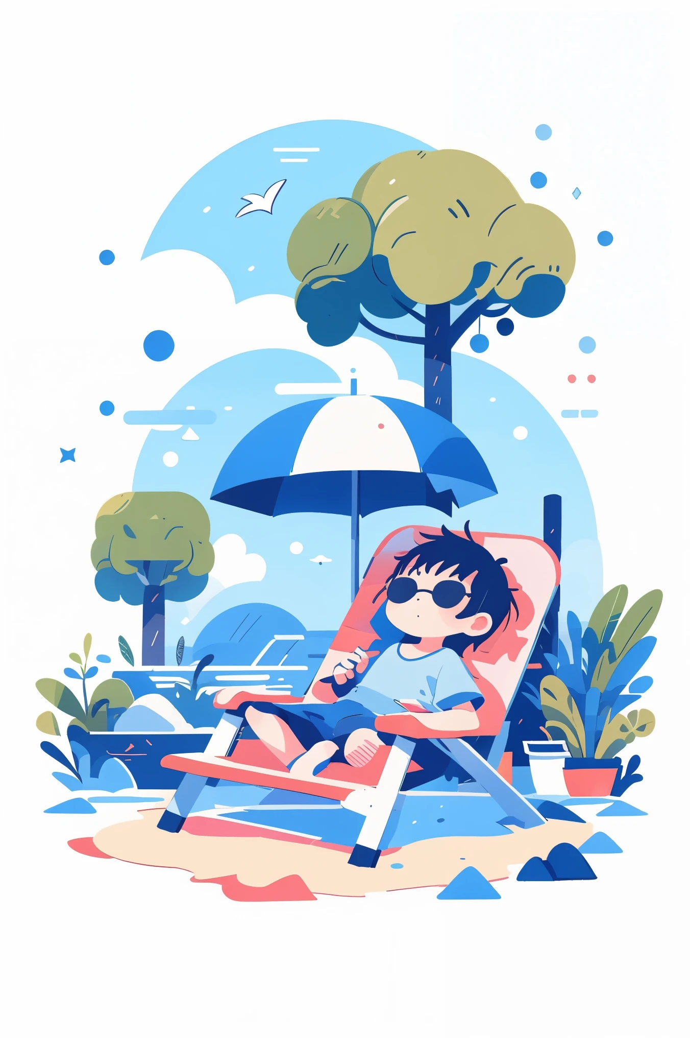 Retro art style, A wearing sunglasses,Lie on a deck chair on the beach,comfortable,Relaxed,Fresh color。Pink parasols on the beach。A small scene illustration。Children's illustration style。The scene is simpler,not many trees。