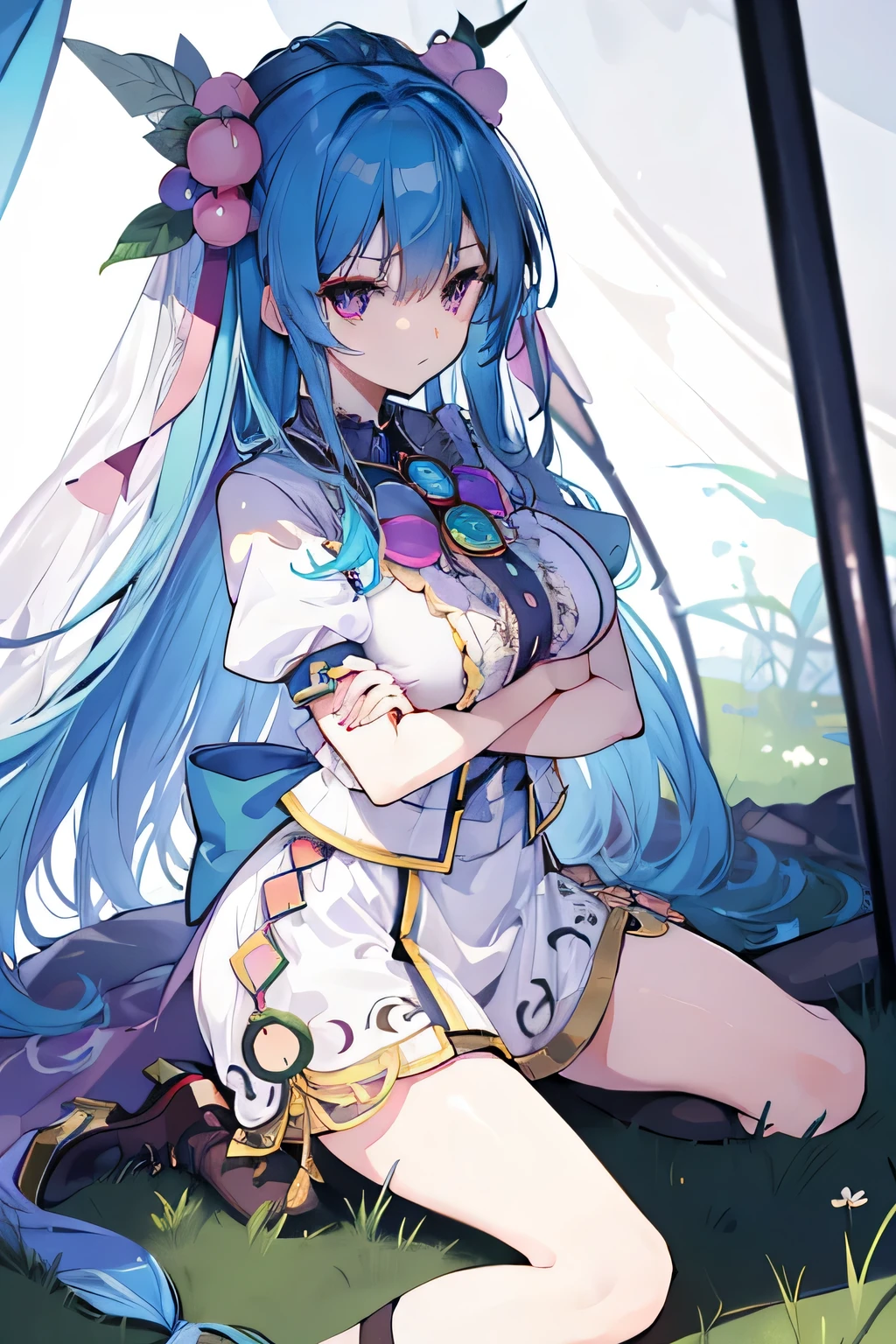 (masterpiece),best quality, expressive eyes, perfect face,sit, sit on ground, legs on the ground, 1girl,
big breasts, H cup, Good breasts, arms crossed, Fair, Gorgeous,japanese manga,girl,Laura,young angel, blue hair, blue haired,tent , tent chest, tent breast, floating clothes