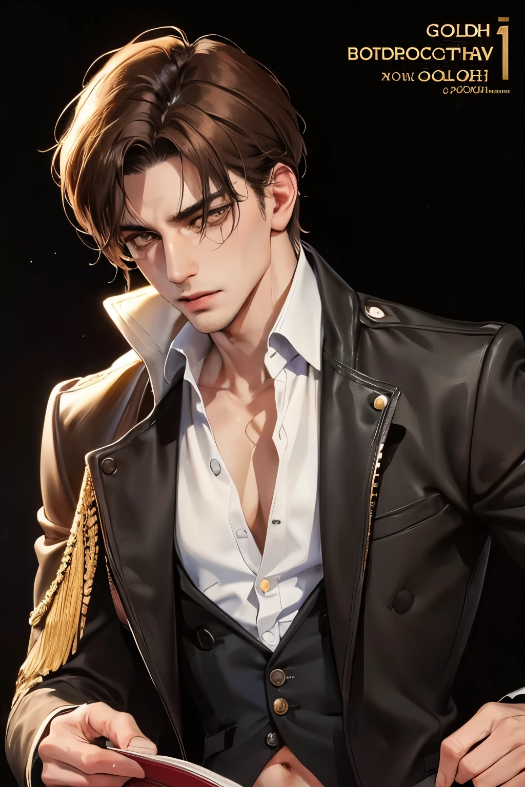 cover for a book, photography of a sexy detective man, a solo man, (((man))), (masculine face), 25 years old, mysterious, big bad boy, (golden eyes), expressive look, short brown hair, (((dark background))), shine hair, unshaven, old coat, stomach level, super detailed face, perfect body, perfect shapes, realistic image, award winning photography, 8k,