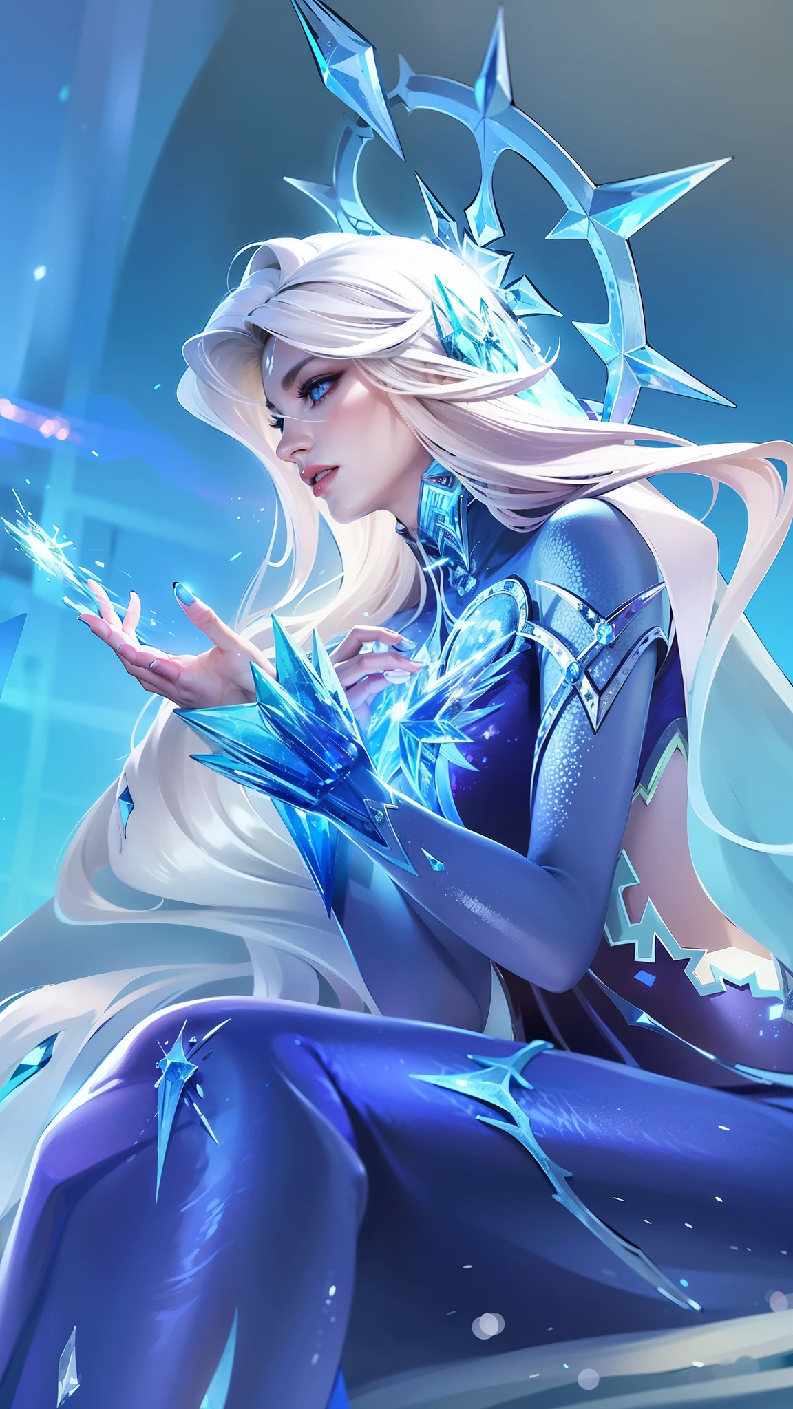 (female:1.2), 8k, ultra hd, ultra detailed texture, hyper realistic, masterpiece, detailed texture, detailed face, detailed skin, detailed lighting, (photorealistic:1.5), best quality, beautiful lighting, cinematic lighting, professional lighting, ultra highres, realistic, detailed hair, real hair, high quality, (realskin:1.5), extremely detailed, finely detail, ultra-detailed, red lips, long hair, white hair, aurora \(mobile legends\), depth of field, white skin, amazing pose, outdoors, glowing, there is a woman sitting on a rock with a crystal in her hand, ice sorceress, queen of ice and storm, ice mage, ice queen, crystalline skin, beautiful ancient frost witch, ice spell, goddess of winter, beautiful celestial mage, crystal maiden, blue eyes