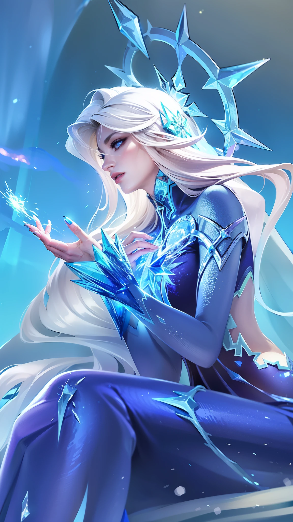 (female:1.2), 8k, ultra hd, ultra detailed texture, hyper realistic, masterpiece, detailed texture, detailed face, detailed skin, detailed lighting, (photorealistic:1.5), best quality, beautiful lighting, cinematic lighting, professional lighting, ultra highres, realistic, detailed hair, real hair, high quality, (realskin:1.5), extremely detailed, finely detail, ultra-detailed, red lips, long hair, white hair, aurora \(mobile legends\), depth of field, white skin, amazing pose, outdoors, glowing, there is a woman sitting on a rock with a crystal in her hand, ice sorceress, queen of ice and storm, ice mage, ice queen, crystalline skin, beautiful ancient frost witch, ice spell, goddess of winter, beautiful celestial mage, crystal maiden, blue eyes