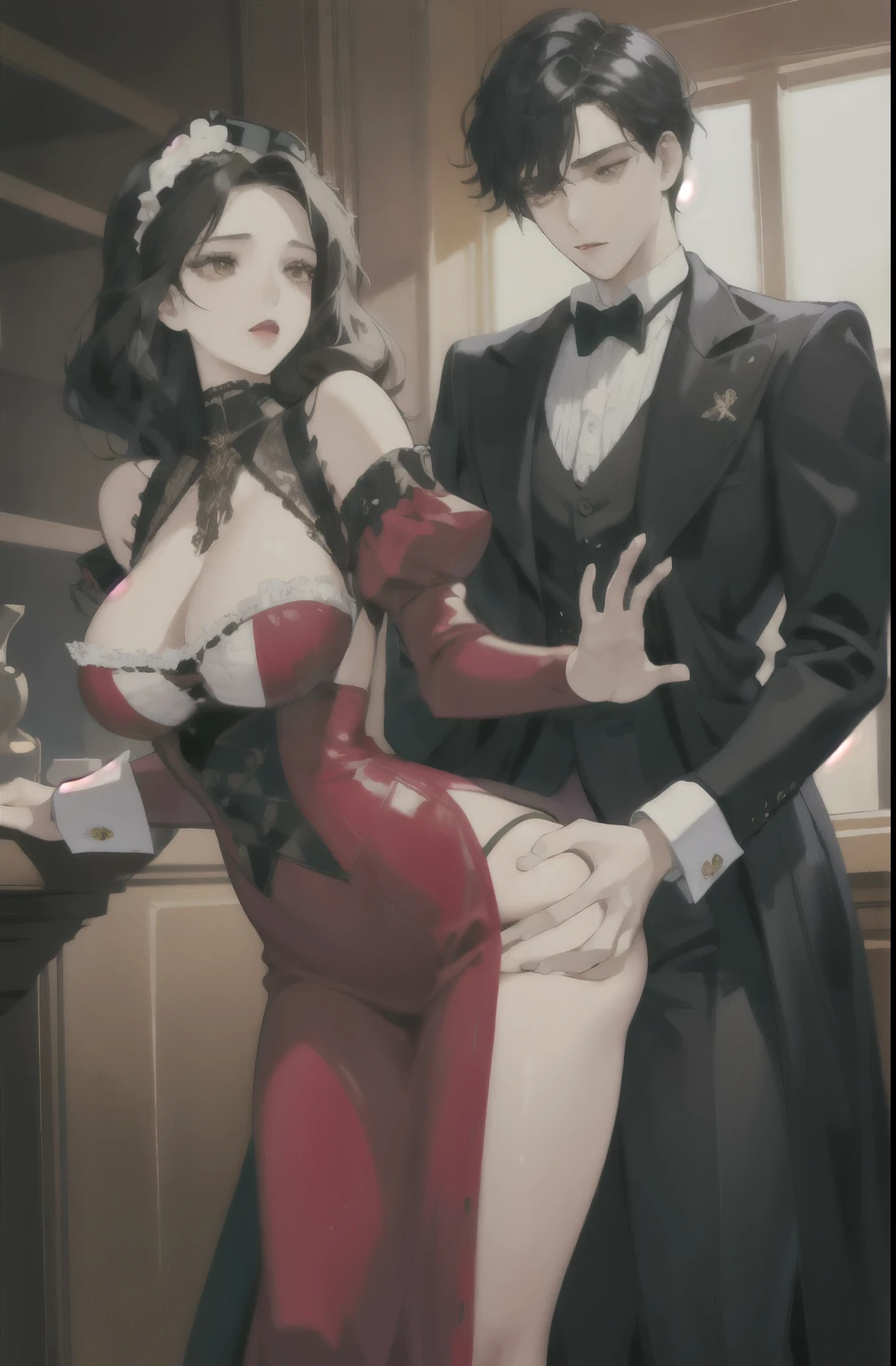((Masterpiece)) A very beautiful woman, black hair, brown eyes, doing a butt lift. A handsome young man shows off his six packs, grabbing a woman's butt., fuck, sex, Sex, Big tits, pornographic, victorian dress, Victorian era, bright colors