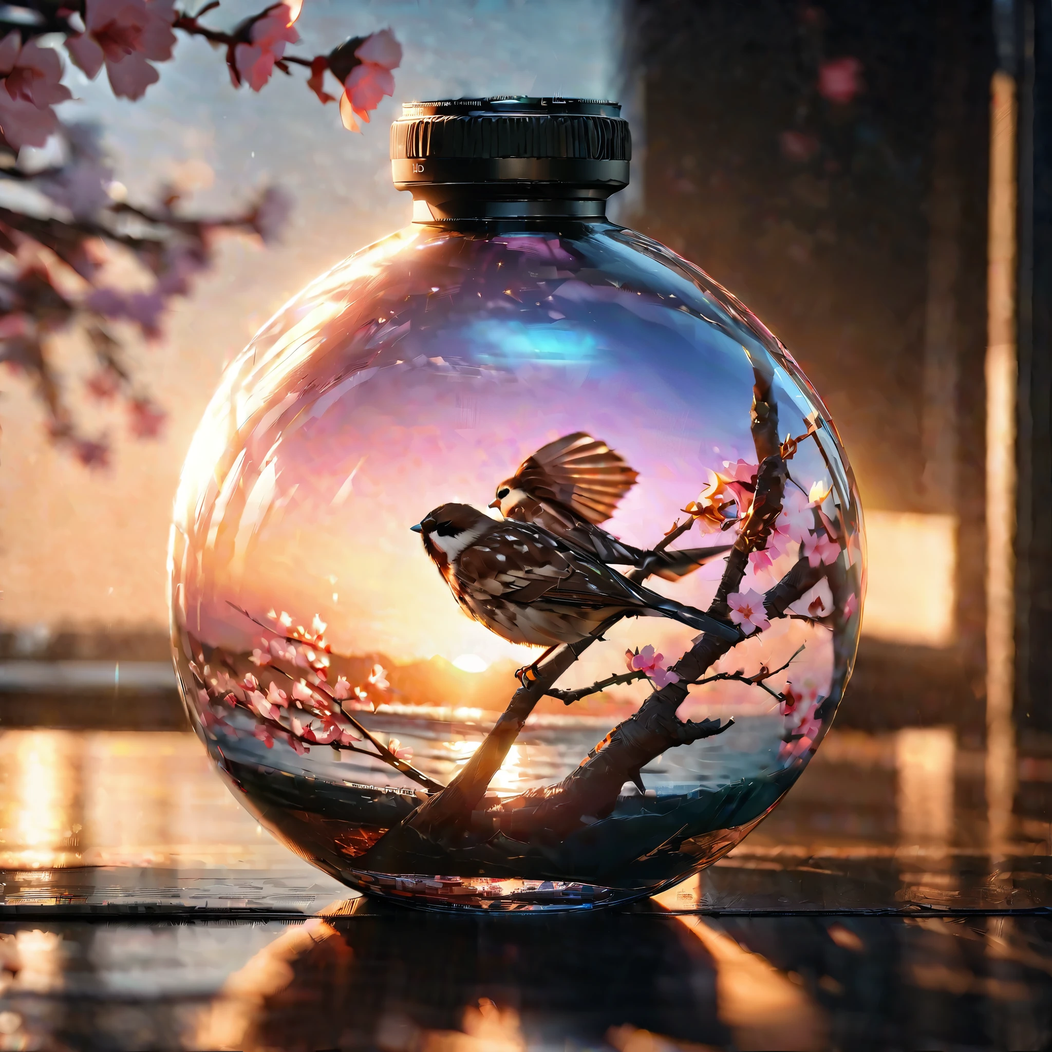 sunset "Sparrow bird with open wings spread upwards perched on a cherry blossom branch, top masterpiece of superior high-quality, officially beautiful art and aesthetics, realistic and detailed, yang08k." on sakura tree in a bottle, fluffy, atmospheric light refraction, by lee jeffries nikon d850 film stock photograph 4 kodak portra 400 camera f1.6 lens rich colors Ultra Professional Photo-Realistic epic lifelike texture dramatic lighting trending on cinestill 800, Style-Glass, ((UnrealEngine5 epic tmasterpiece, ultra best quality, detailed, ultra sharp, ultra high-resolution, ultra high-definition, UHD, HDR, vibrant DSLR vivid)), colorful lighting, reflection, varies multi etc. --v6 --s1000 --c20 --q5 --chaos100