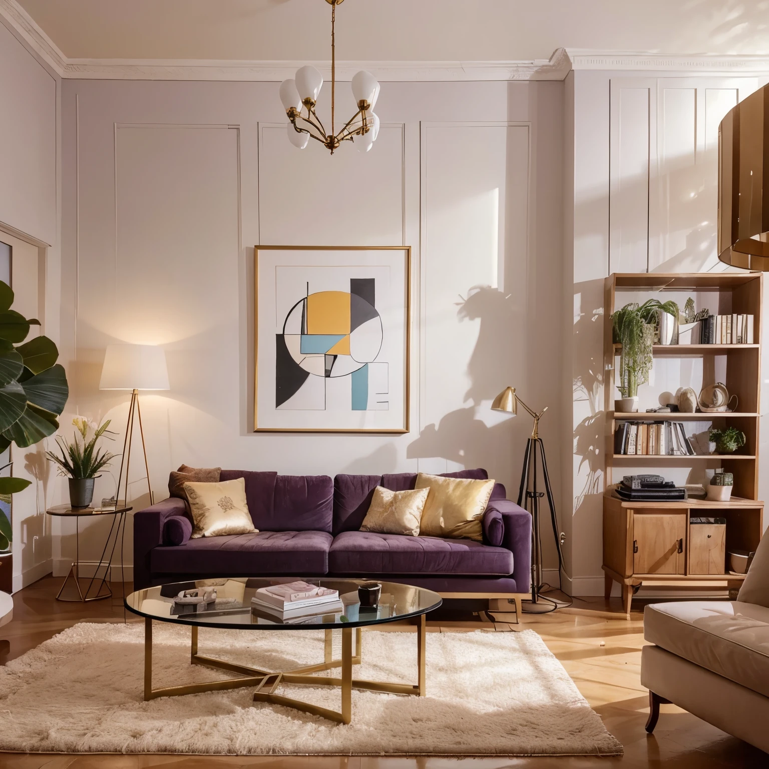 "You are in a stylish and modern studio, with walls in soft lilac tones, conveying tranquility. On the central wall behind you, there is a magnificent Picasso painting, with its vibrant colors and unique shapes, adding a touch of art and sophistication to the environment.The furniture is contemporary and comfortable, with golden tones in details such as cushions and accessories. Soft and well-distributed lighting enhances the details of the environment, creating a cozy and professional atmosphere.In the background, you can have shelves decorated with plants and decorative objects that complement the scenery, bringing even more life and personality to the space. The result is an environment that conveys peace, warmth, and modernity, perfect for your recordings on 'Dicas da Magadenny'!"