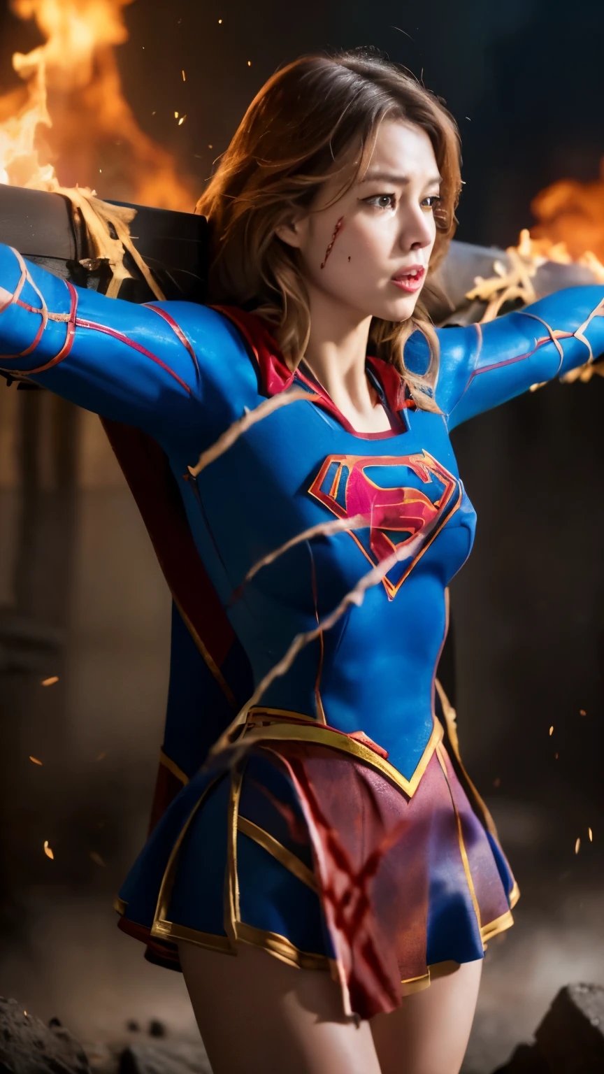 highest quality,masterpiece,UHD, Super detailed, 8K,(Beautiful woman),(一人のBeautiful woman),((crucifixion:1.5)),(((cross))),(execution),((incontinence)),scared,torture,slave,((crossにcrucifixionにされた女性:1.5)),crucifixion刑,((supergirl:1.5)),blue suit,Superman logo on chest,red skirt,red boots,((torn costume:1.5)),((Tearing of clothes:1.5)),(tattered clothes:1.5),Beaten face,顔にtraces of being beaten,((bruises on body)),scars on body,injured face and body,(Bruise, dirty, torn clothes, revealing clothes, Blood:1.3),traces of being beaten,Defeated heroine,a devastated world,ruins,abandoned building,(burning at the stake),((roasted over fire:1.2)),inflammation,(inflammationに包まれている),足下にinflammation