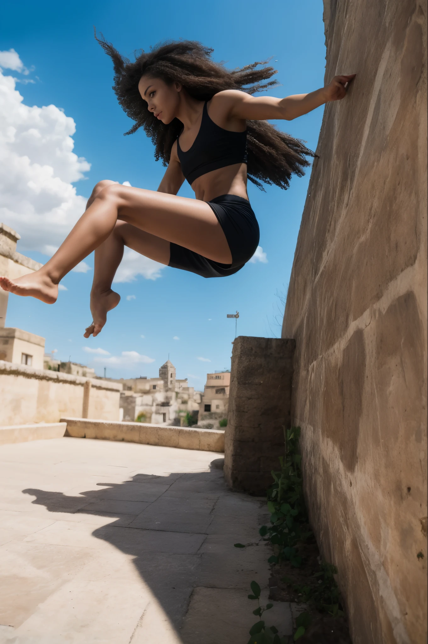 (YES SFW), Girl jumping in sassi_di_matera, watch the girl in profile jumping from a tuff wall to another, blue sky, low angle view. [A world-class professional photographer], [(best quality, 8k, highres, masterpiece:1.2), ultra-detailed, (realistic,photorealistic, photo-realistic:1.37), HDR, UHD, studio lighting, sharp focus, physically-based rendering, extreme detail description, professional, vivid colors, bokeh], [unreal engine, RTX, ambient lighting, photographed on a Fujifilm X-H2S, 40mm F/2 lens, Kodak TMAX 100, HDR, 8k]